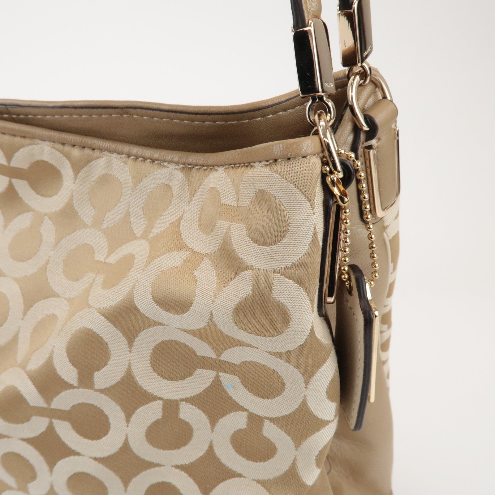 COACH Op Art Satin Leather Shoulder Bag Hand Bag Gold Beige