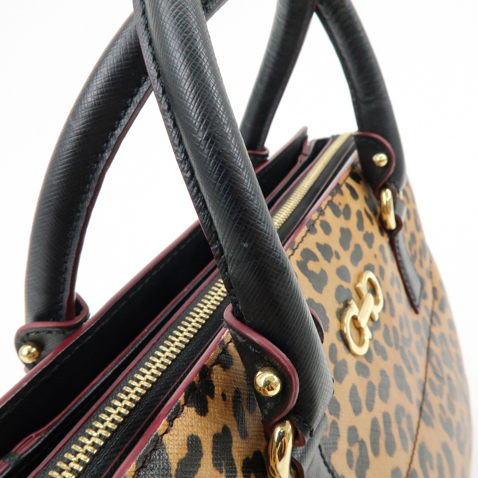 Ferragamo Gancini Leather 2Way Bag Hand Bag Leopard Motif Black