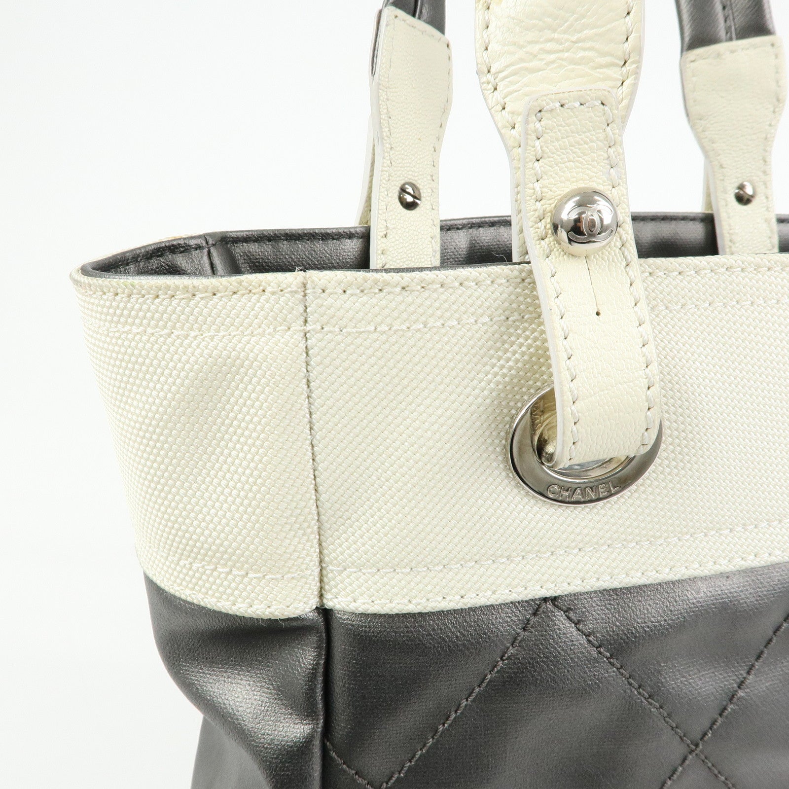 CHANEL Paris-Biarritz PVC Canvas Leather Tote Bag Gray Ivory A34208