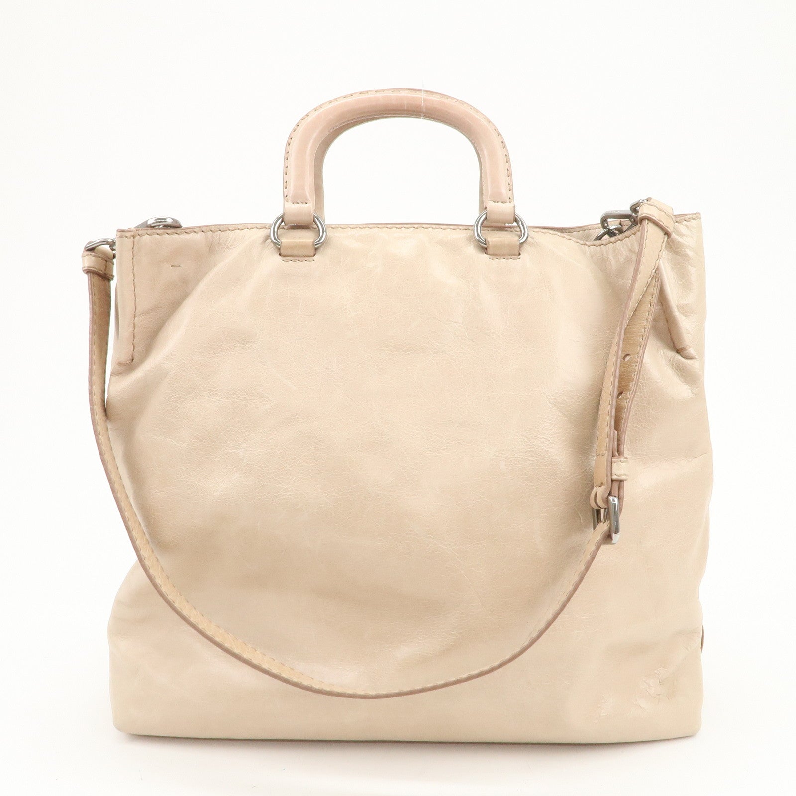 PRADA Triangle Logo Leather 2Way Hand Bag Shoulder Bag Beige BR4617