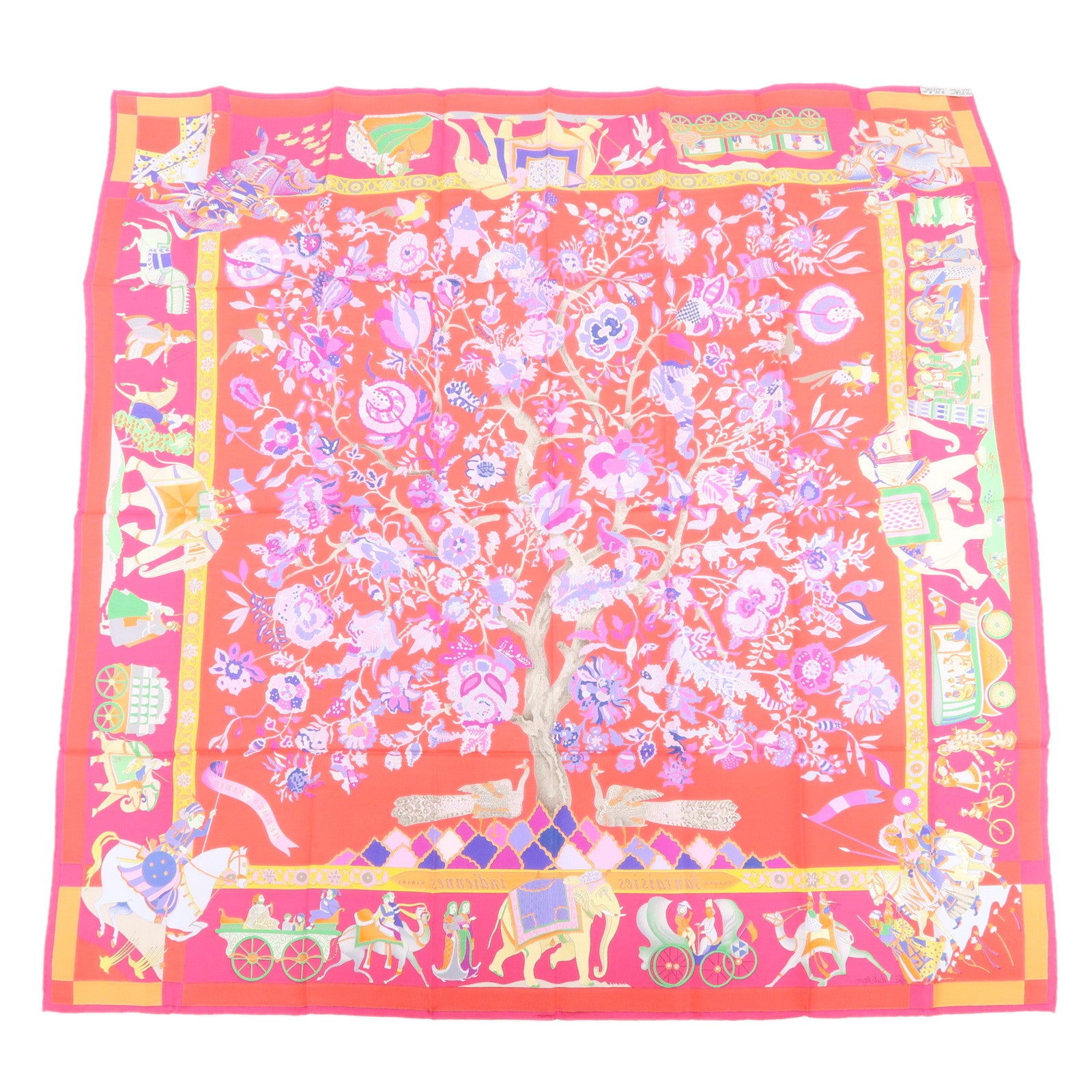 HERMES Carre 90 Silk 100% Scarf Fantaisies Indiennes Pink Red