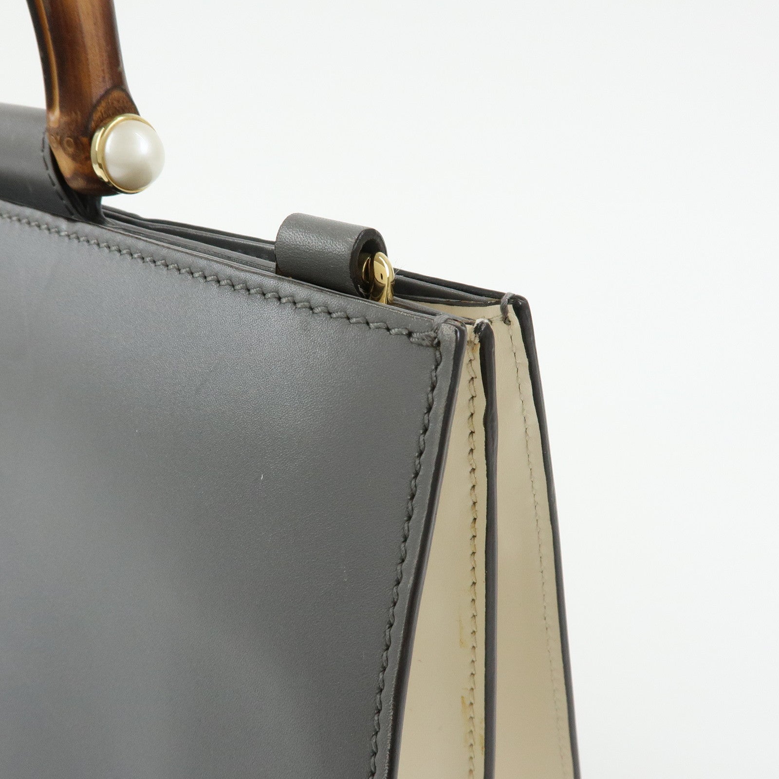 GUCCI Sherry Bamboo Nymphaea Leather 2Way Bag Gray White 453764