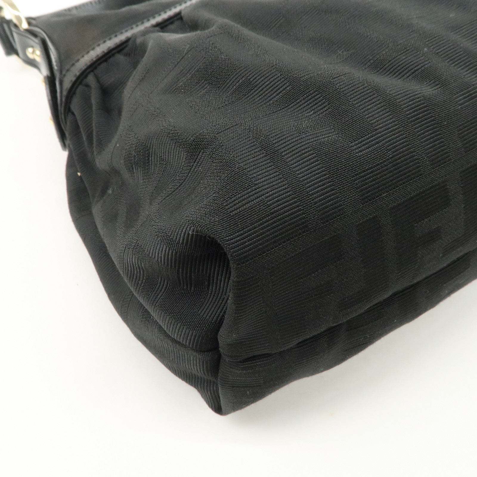 FENDI Zucca Canvas Leather Gathered Shoulder Bag Black 8BR448