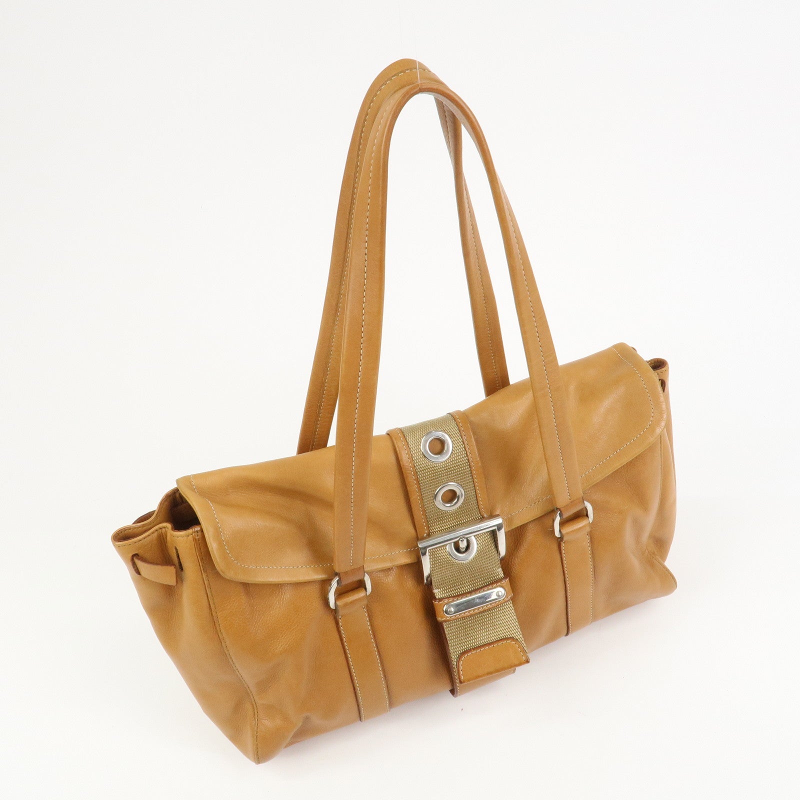 PRADA Triangle Logo Leather Nylon Shoulder Bag Brown BR2418