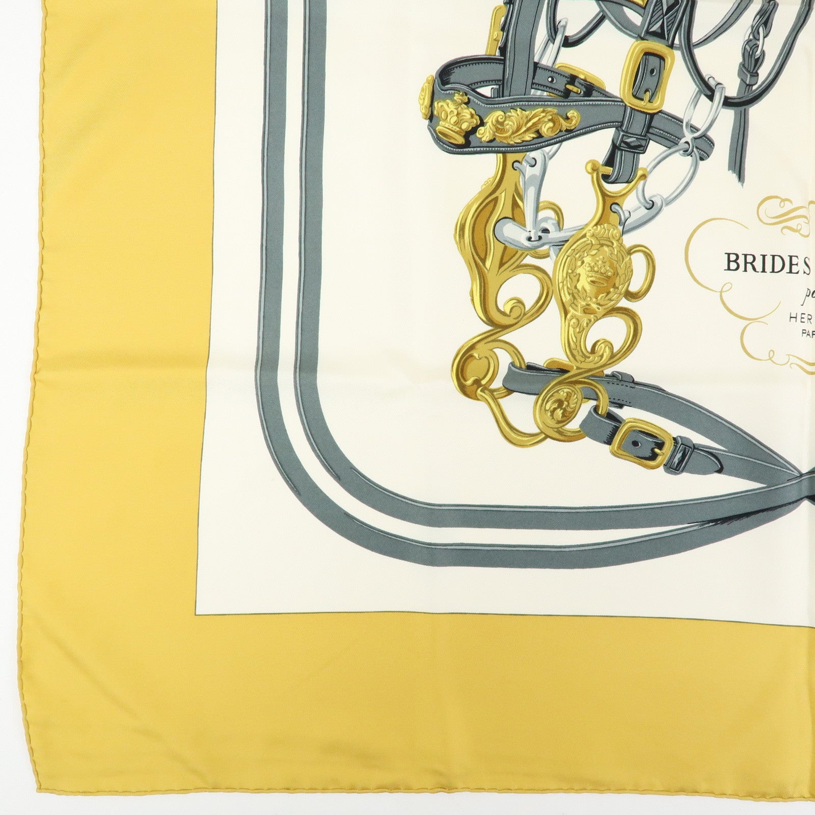 HERMES Carre 90 Silk 100% Scarf BRIDES DE GALA Gold Gray