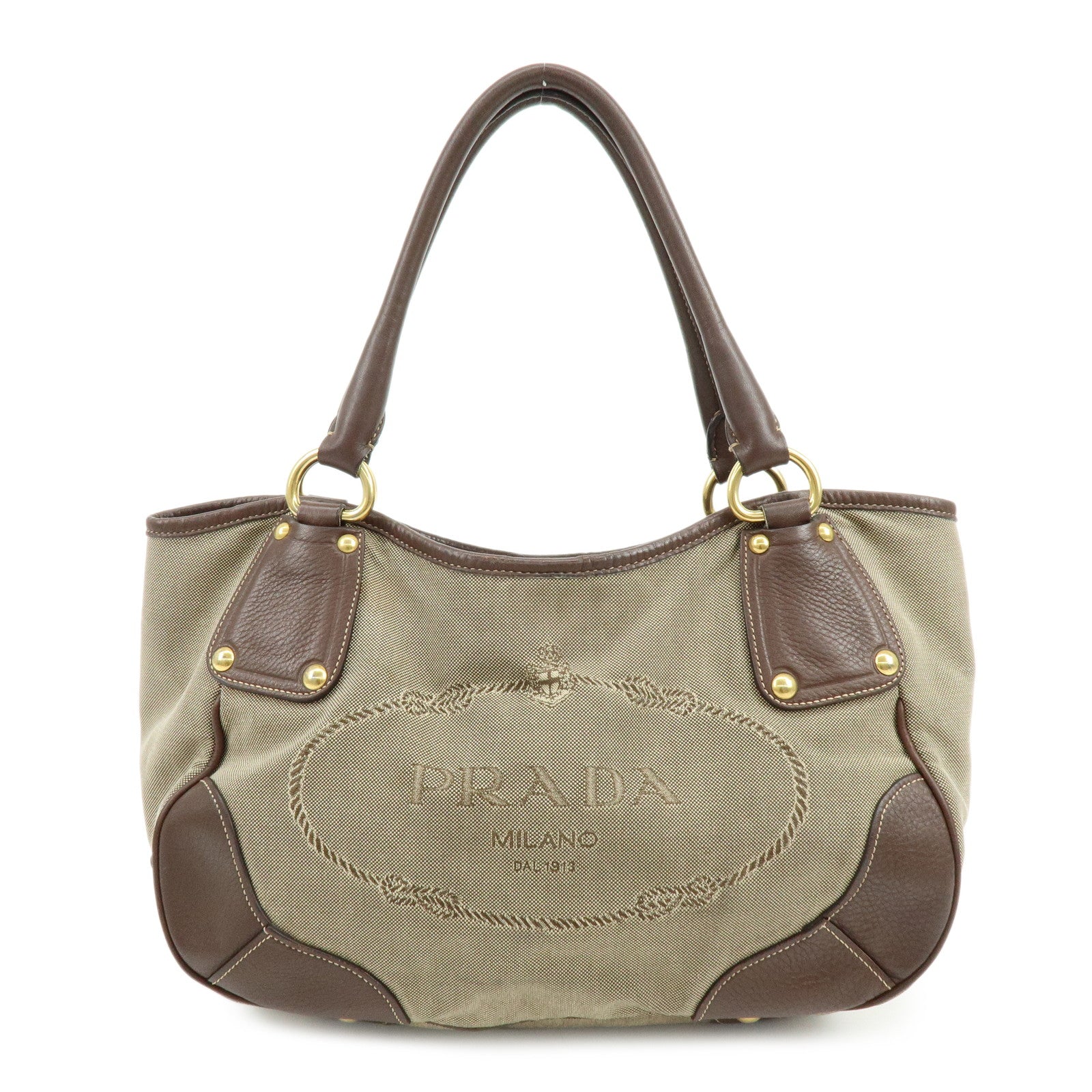 PRADA Logo Jacquard Leather Tote Bag Hand Bag Beige Brown