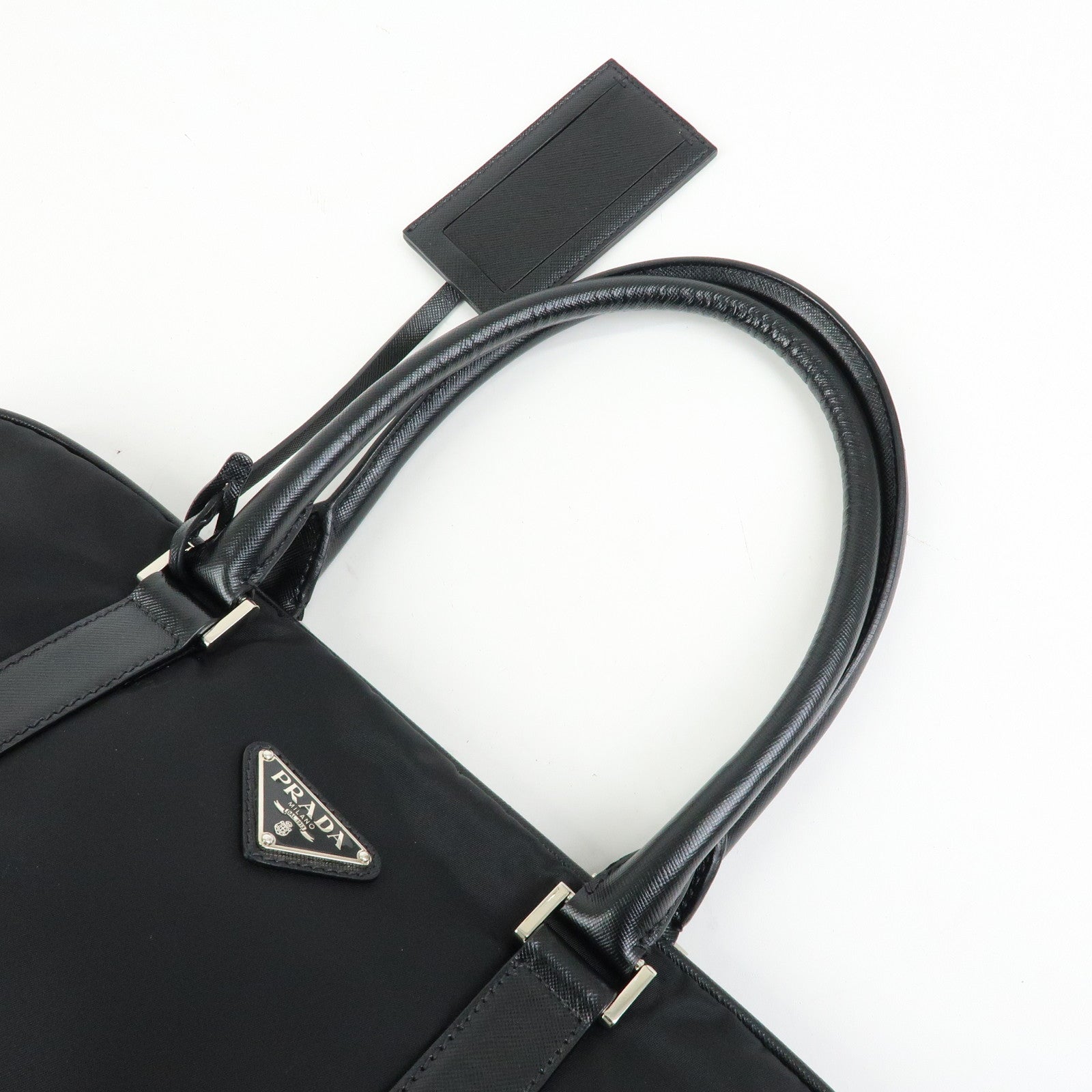 PRADA Triangle Logo Nylon Saffiano Leather Boston Bag Black VS0069