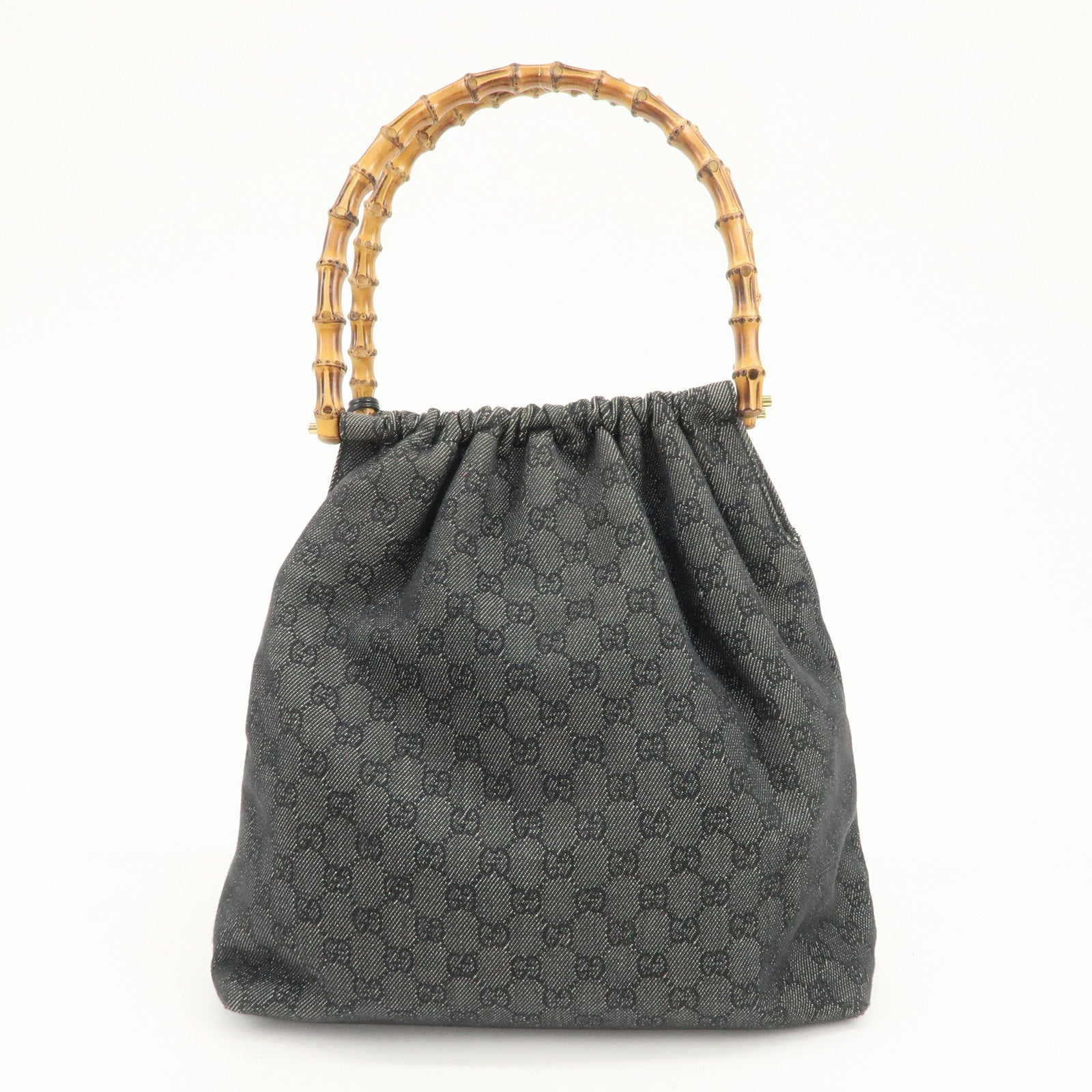 GUCCI Bamboo GG Monogram Denim Shoulder Bag Hand Bag Black 92709