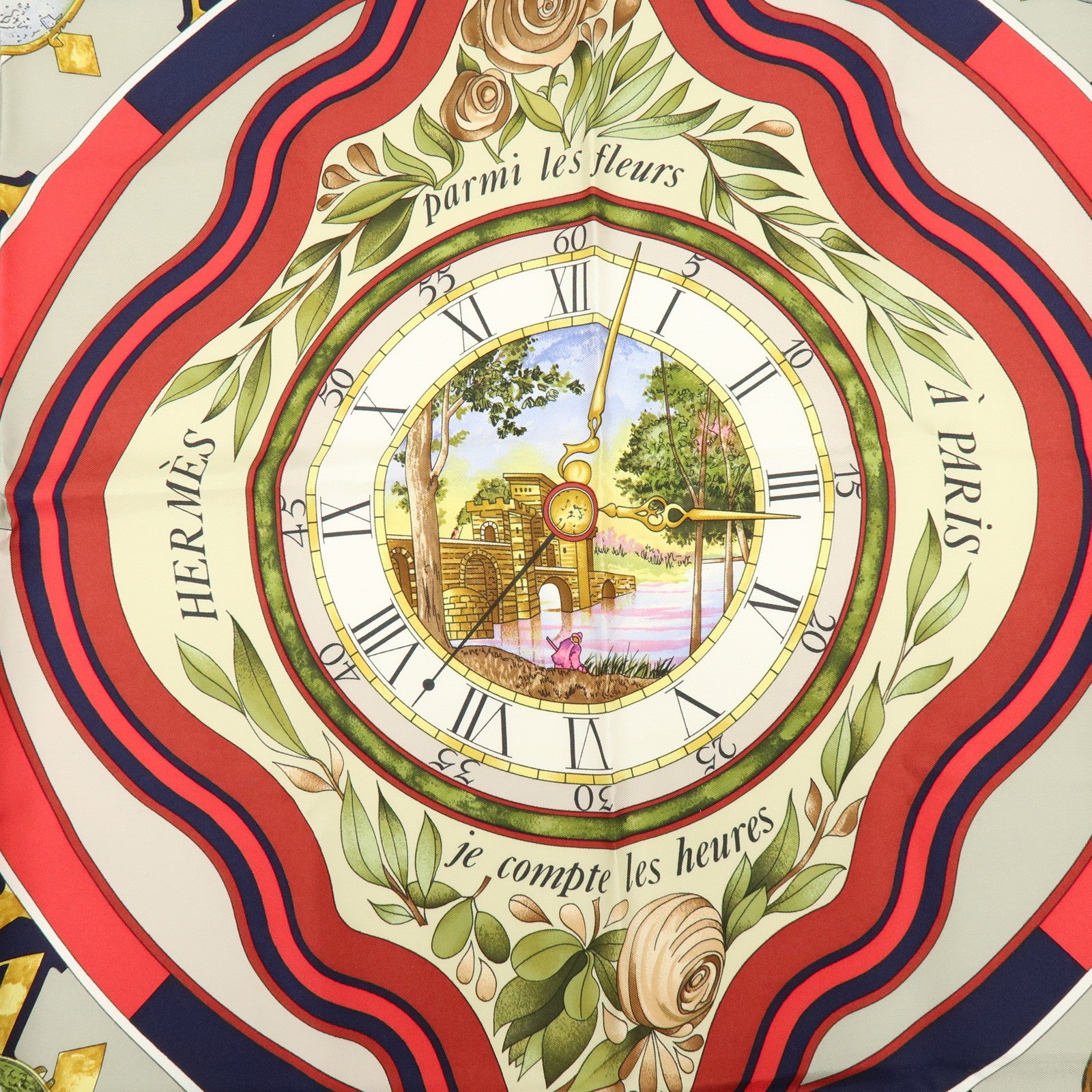 HERMES Carre90 Silk100% Parmi les fleurs je compte les heures Scarf