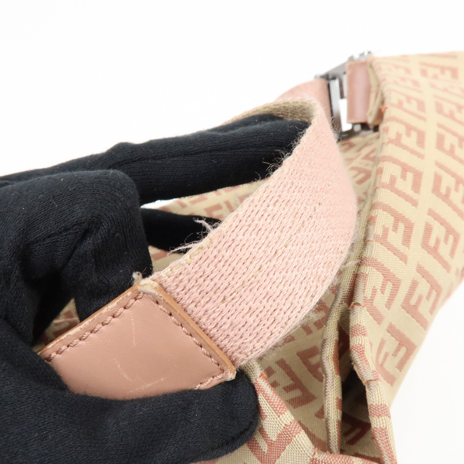 FENDI Zucchino Canvas Leather Shoulder Bag Beige Pink 8BR318