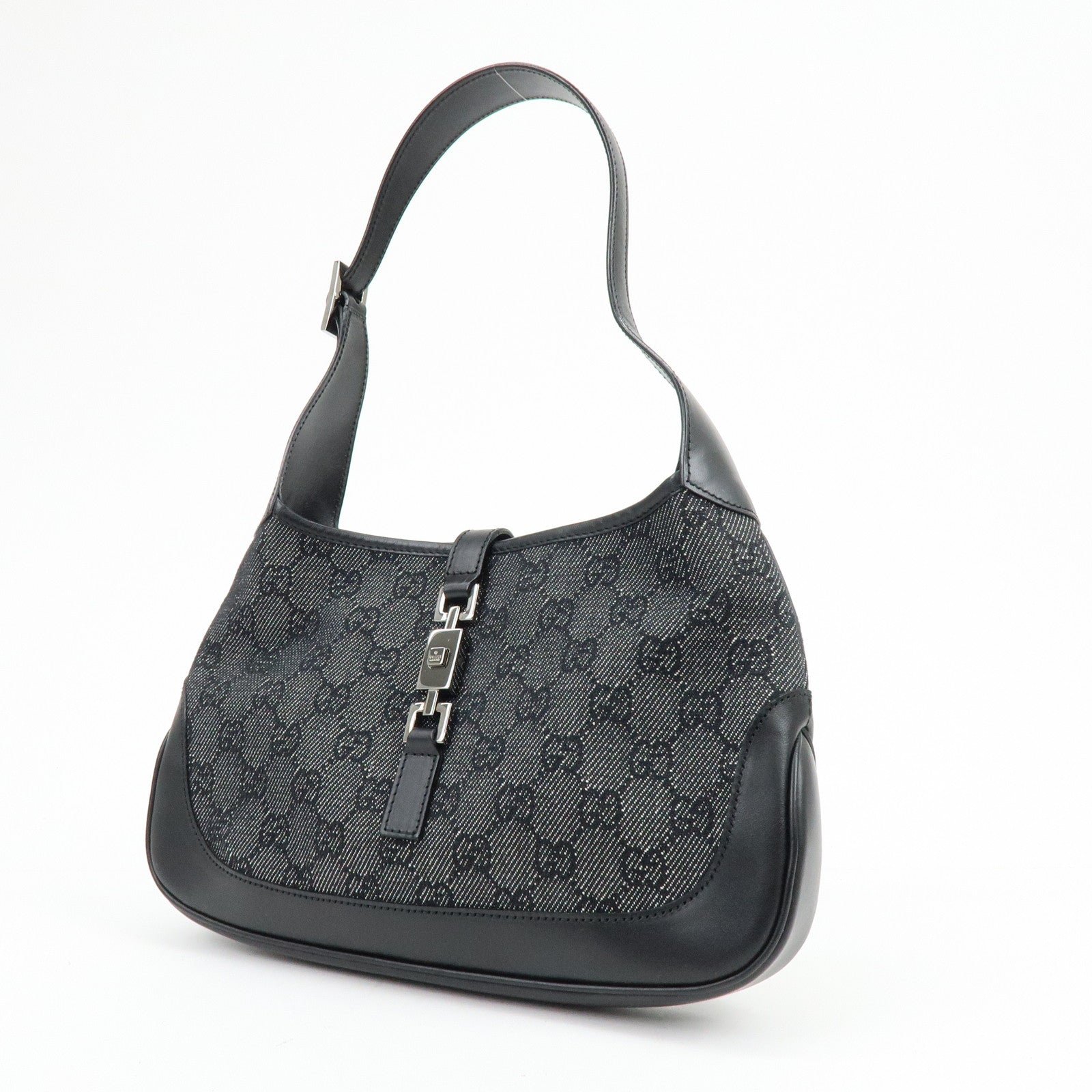 GUCCI Jackie GG Denim Leather Shoulder Bag Hand Bag Black 01147