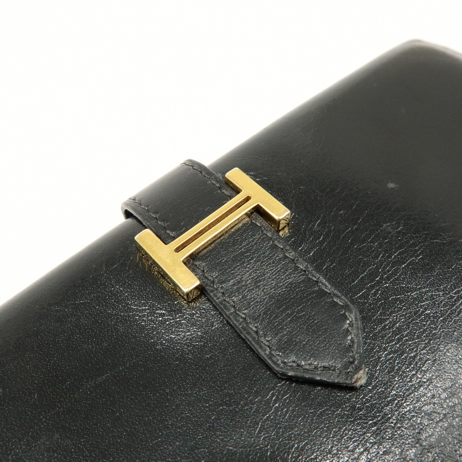 HERMES Bearn Box Calf Bi-fold Long Wallet □F Stamped Black