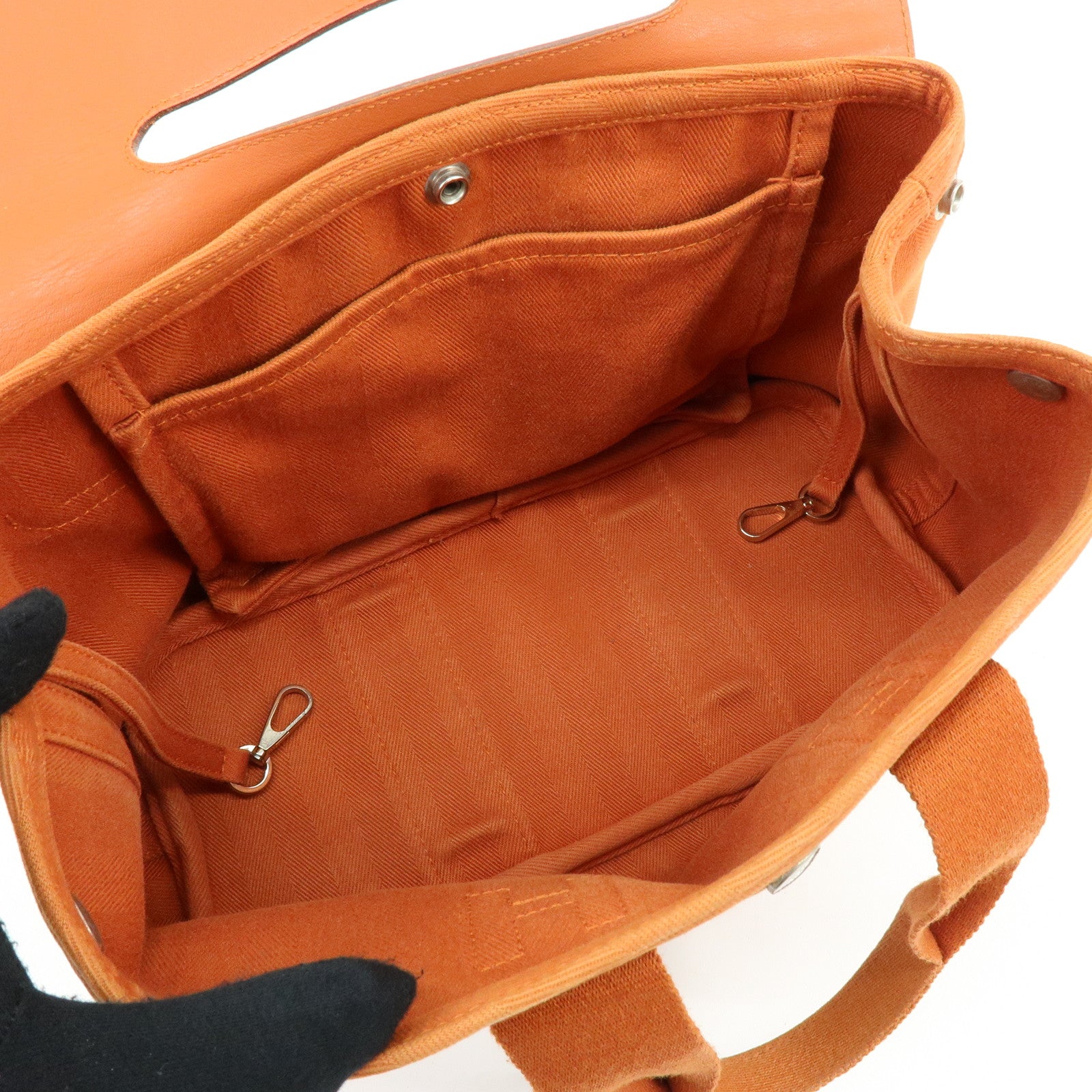 HERMES Valparaiso PM Toile Chevron Leather Tote Bag Hand Bag Brown