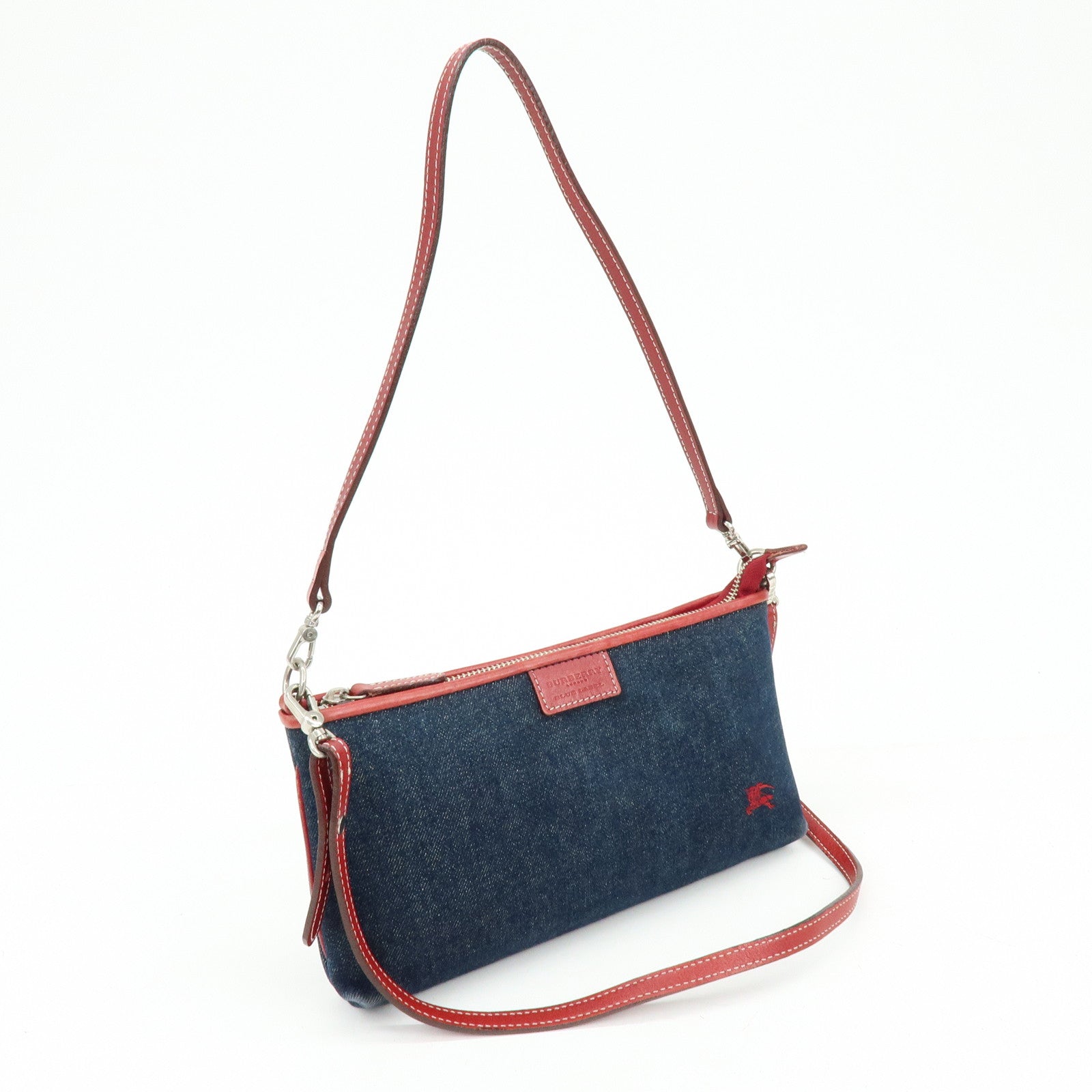 BURBERRY Blue Label Denim Leather 2Way Shoulder Hand Bag Blue Red