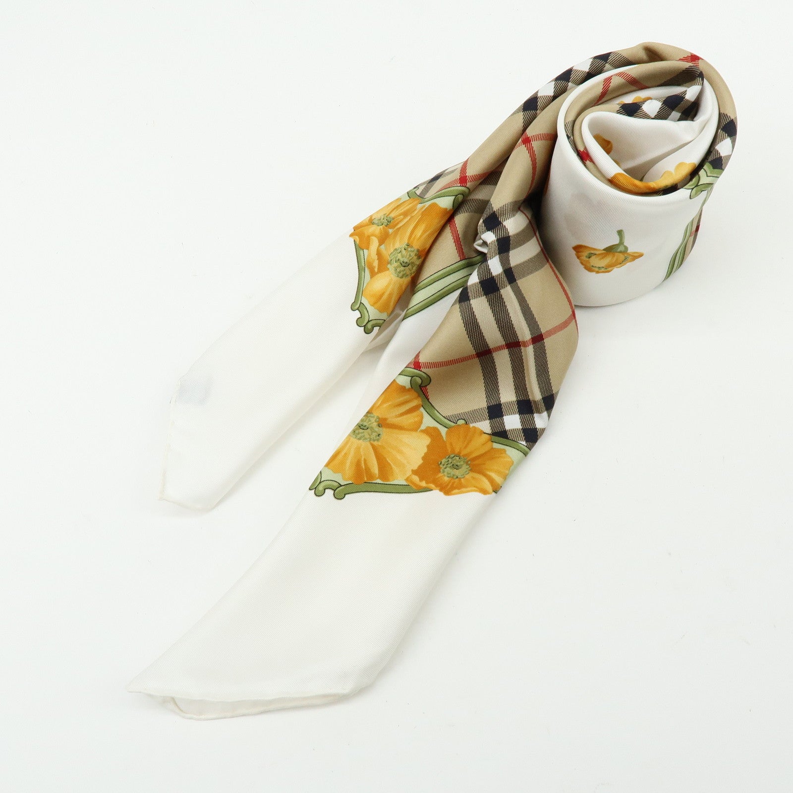 BURBERRY Nova Plaid Flower Motif Silk 100% Scarf Beige White Orange