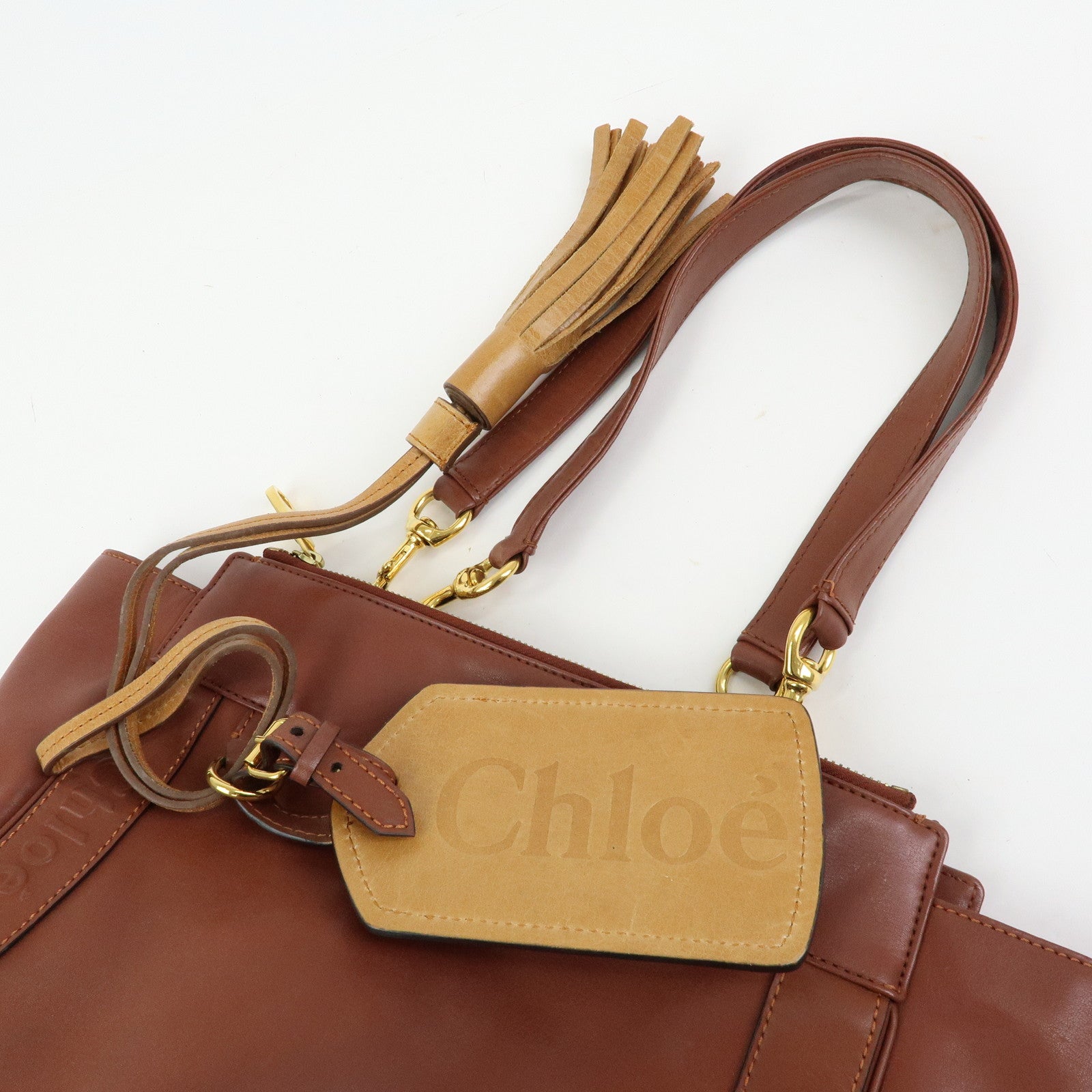 Chloe Eden Leather Tote Bag Shoulder Bag Tassel Charm Brown