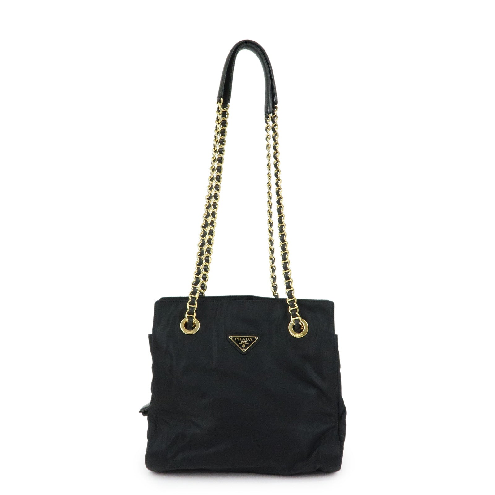 PRADA Triangle Logo Nylon Leather Chain Shoulder Bag Black B4394