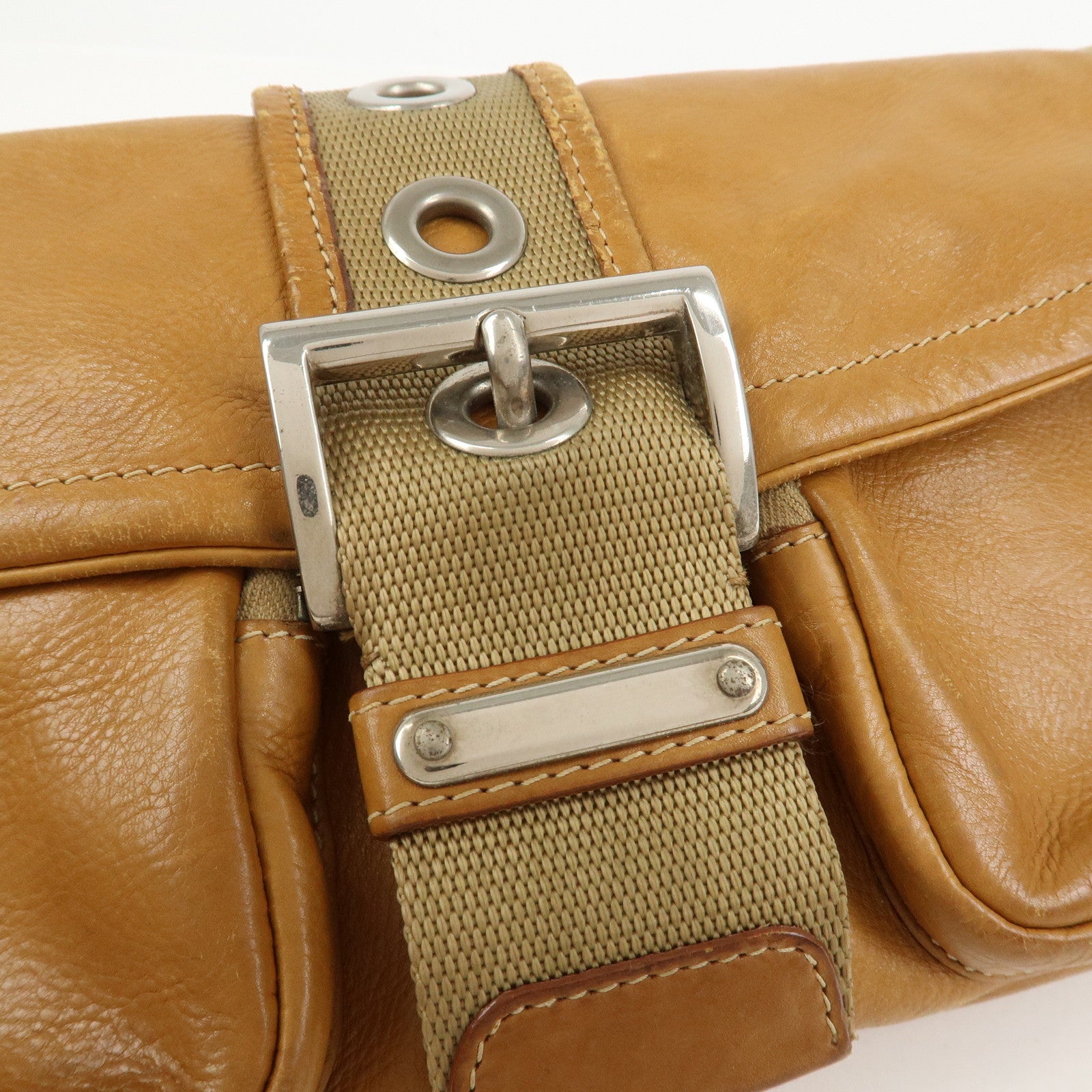 PRADA Triangle Logo Leather Front Pocket Shoulder Bag Brown BR2417