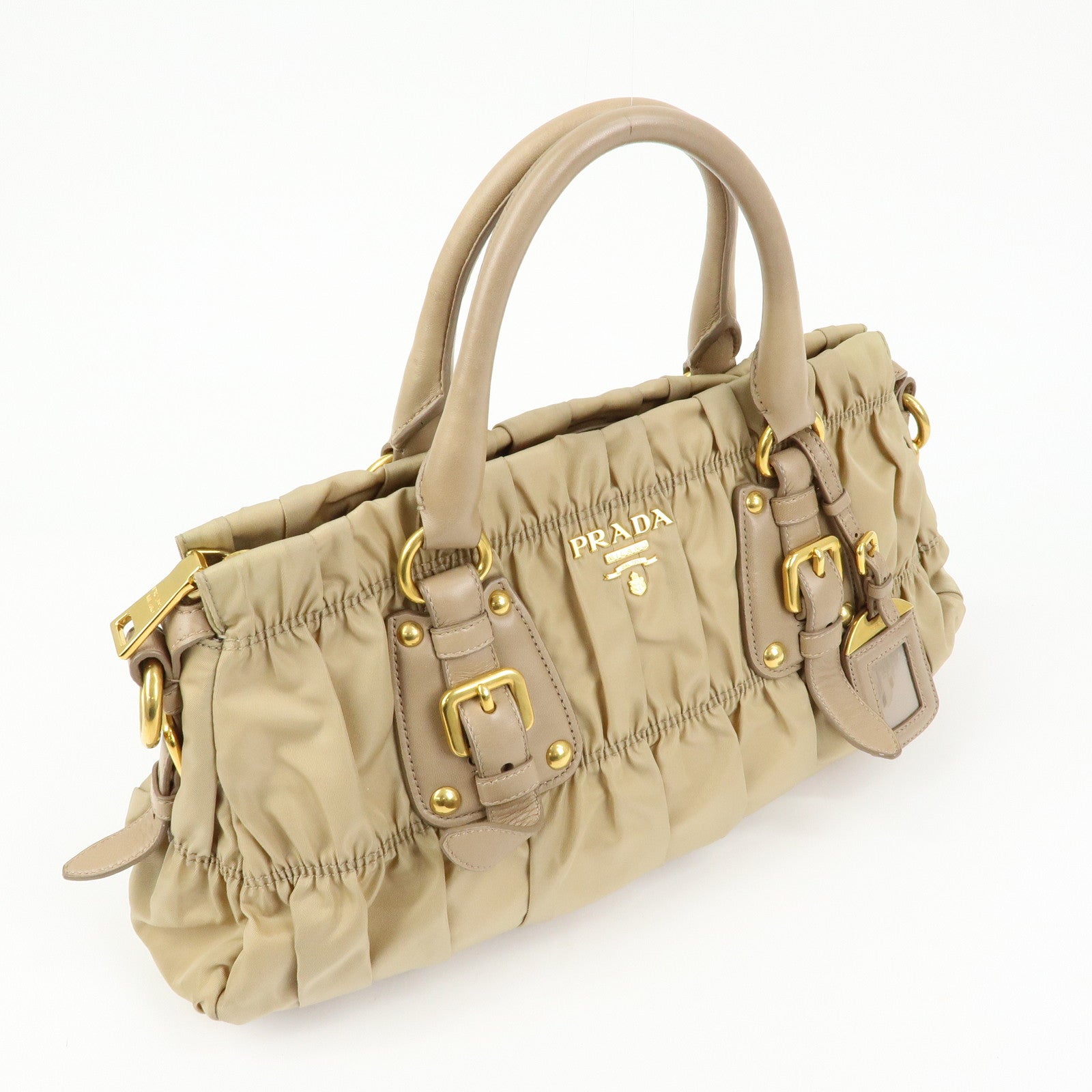 PRADA Gathered Nylon Leather 2Way Hand Shoulder Bag Beige BN1407