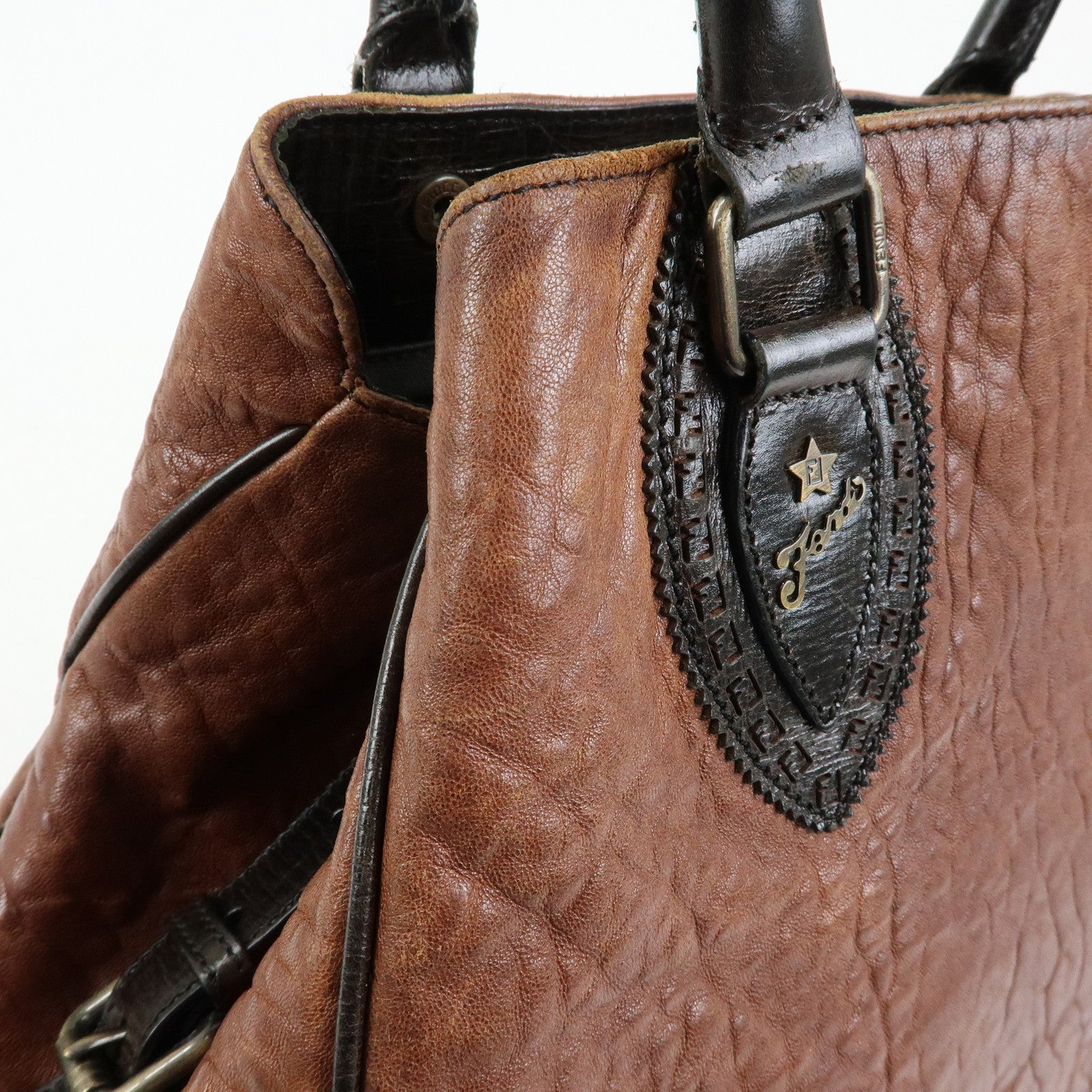 FENDI Etnico Leather Tote Bag Shoulder Bag Brown Black 8BN158