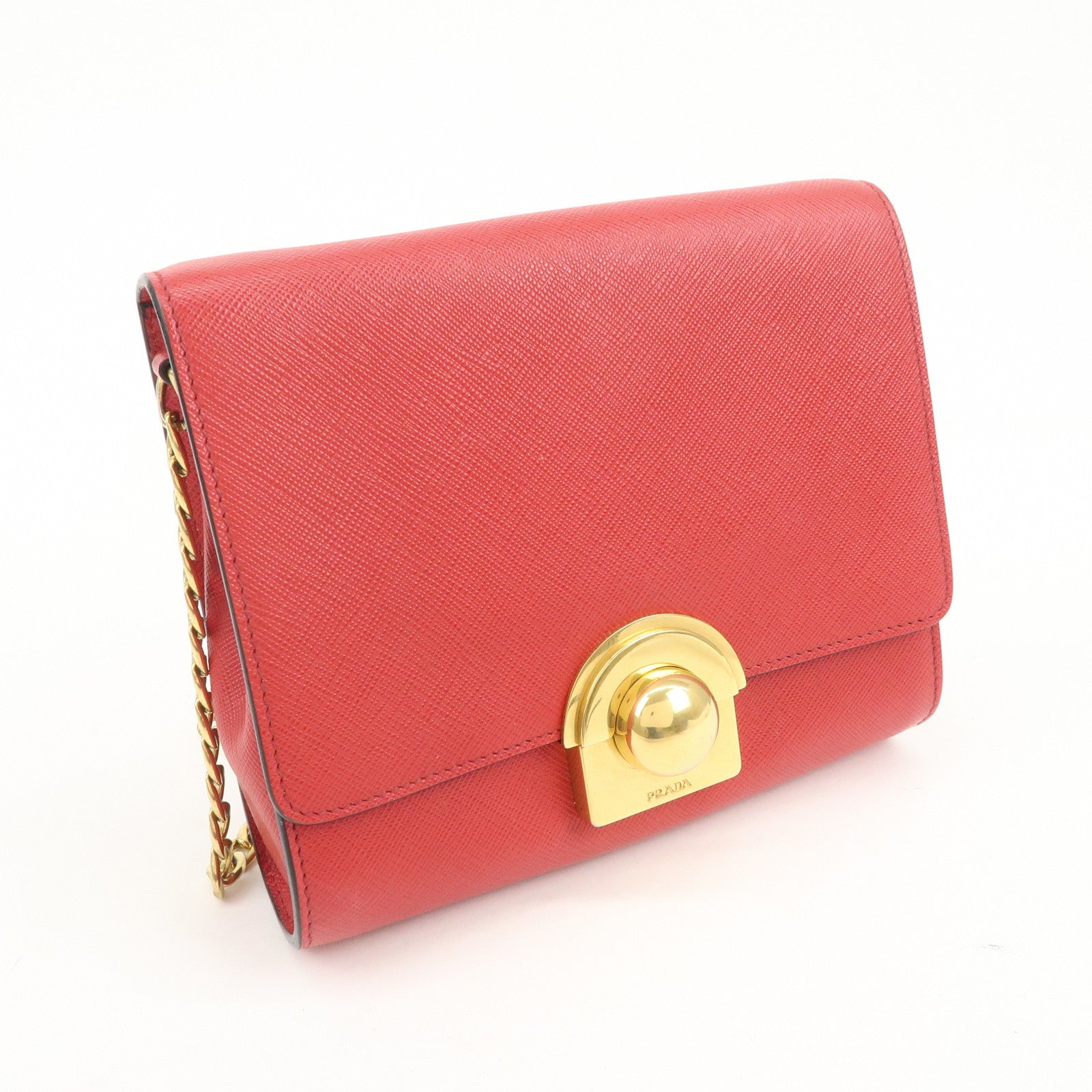 PRADA Logo Saffiano Leather Chain Shoulder Bag Red 1BH007