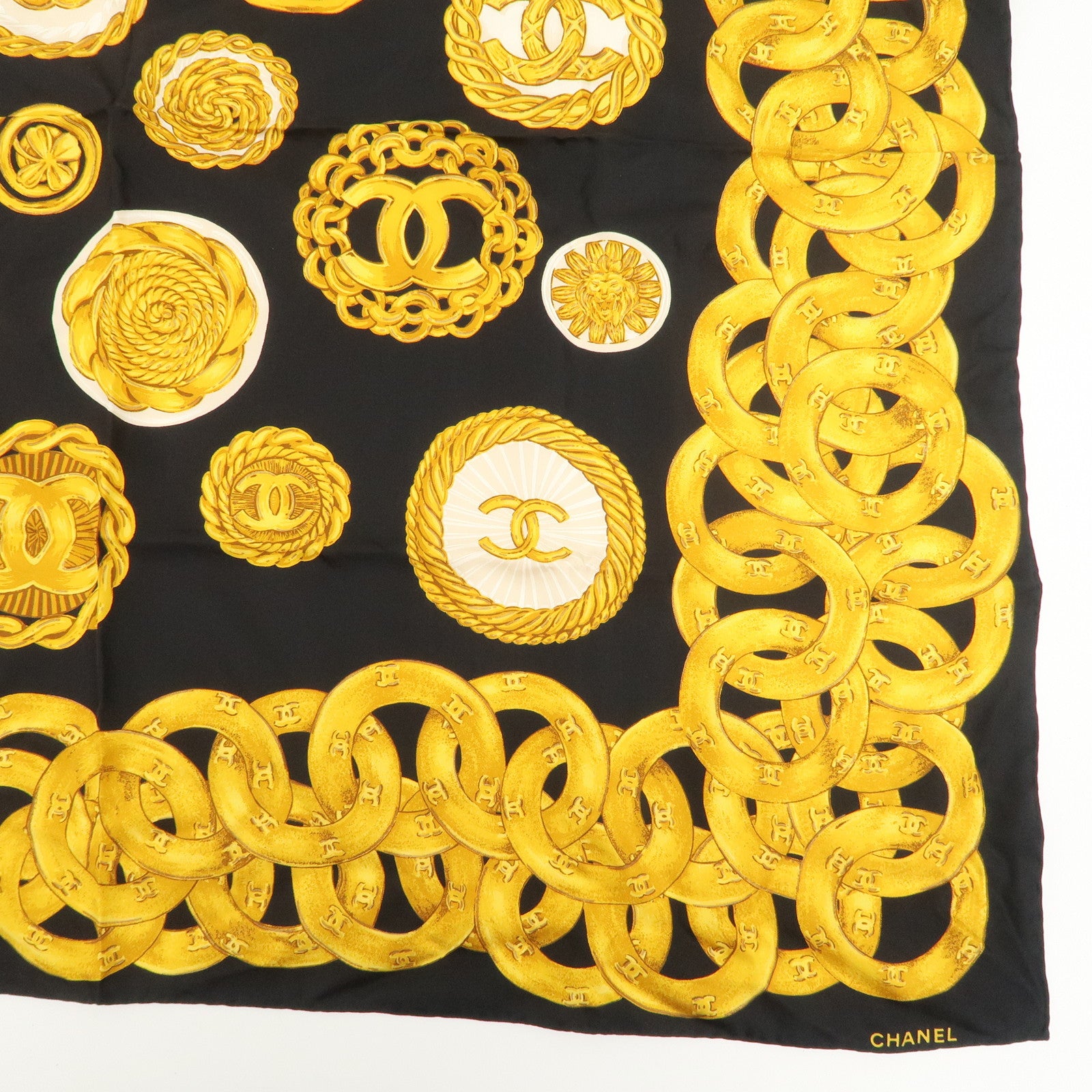 CHANEL COCO Mark Silk 100% Scarf Chain Pattern Black Gold Used