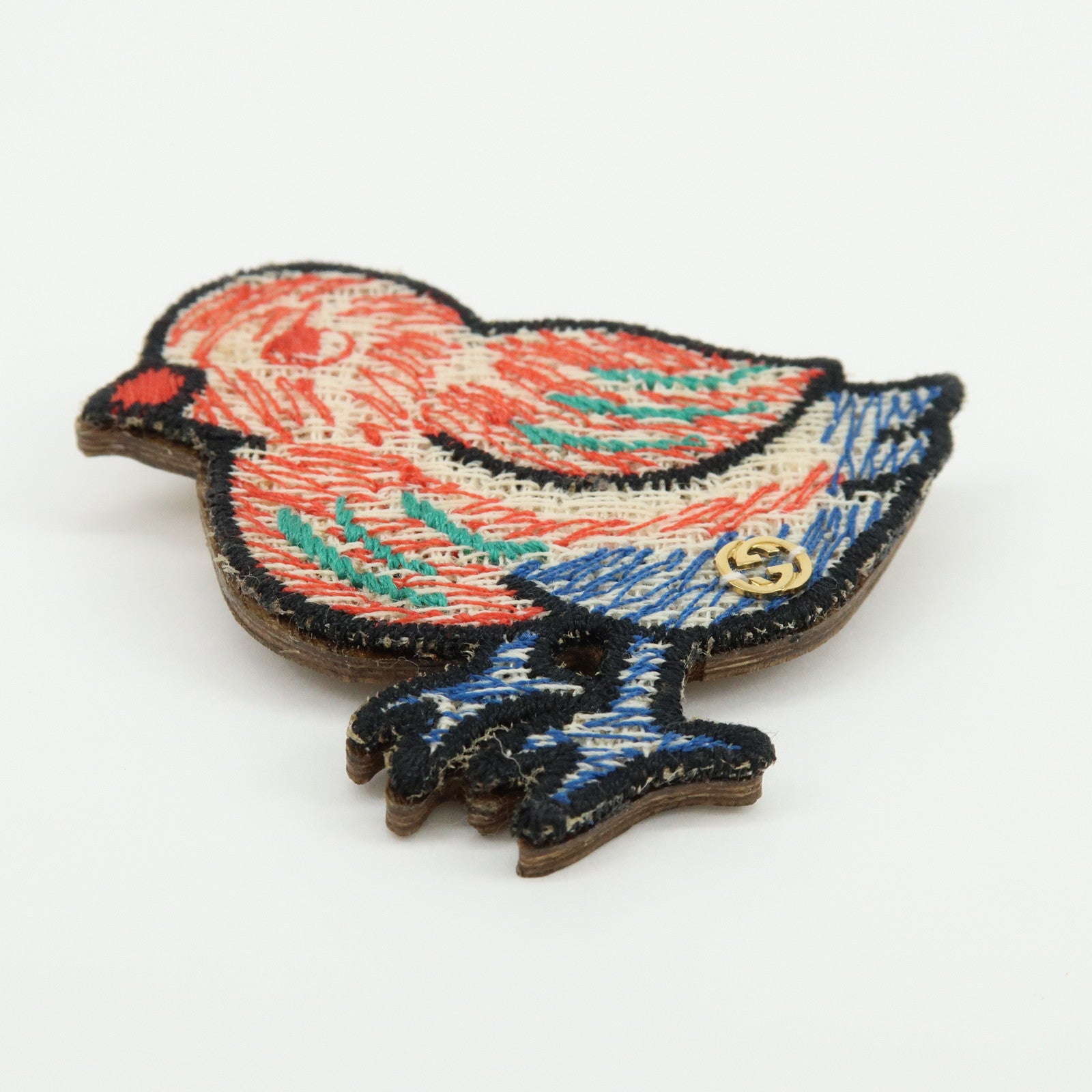 GUCCI Interlocking G Bird Motif Wood Brooch Breast Pin Red Blue