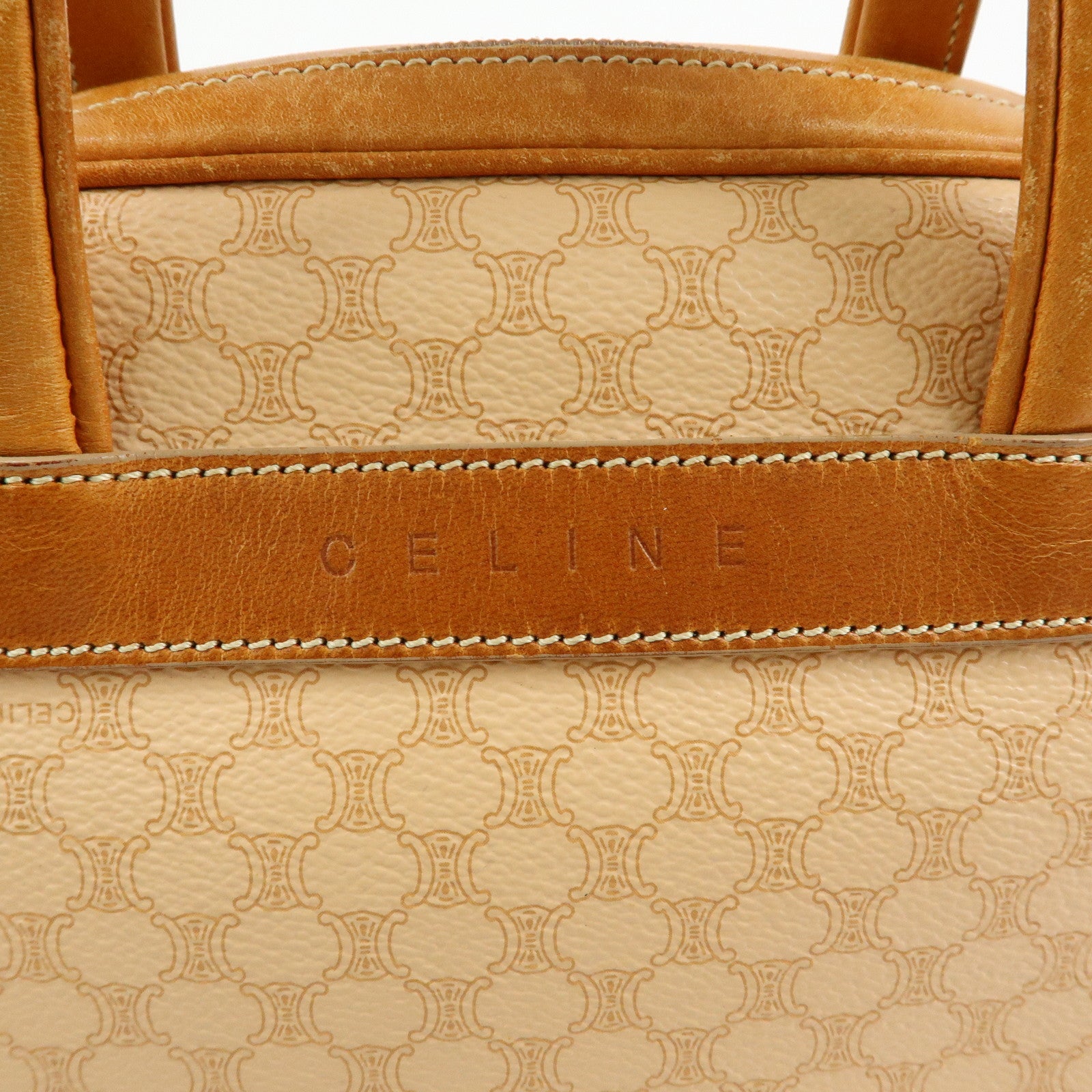 CELINE Macadam PVC Leather Hand Bag Boston Bag Beige Camel