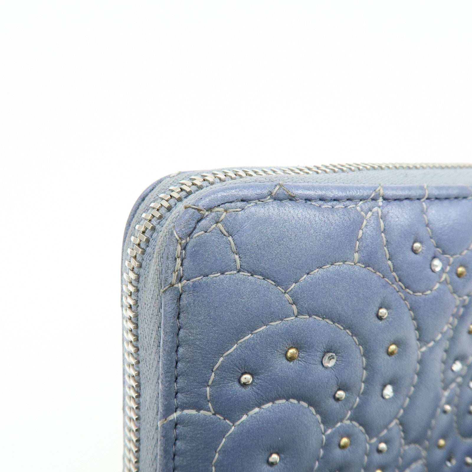 CHANEL Camellia Lamb Skin Round Zippy Wallet Light Blue A82281