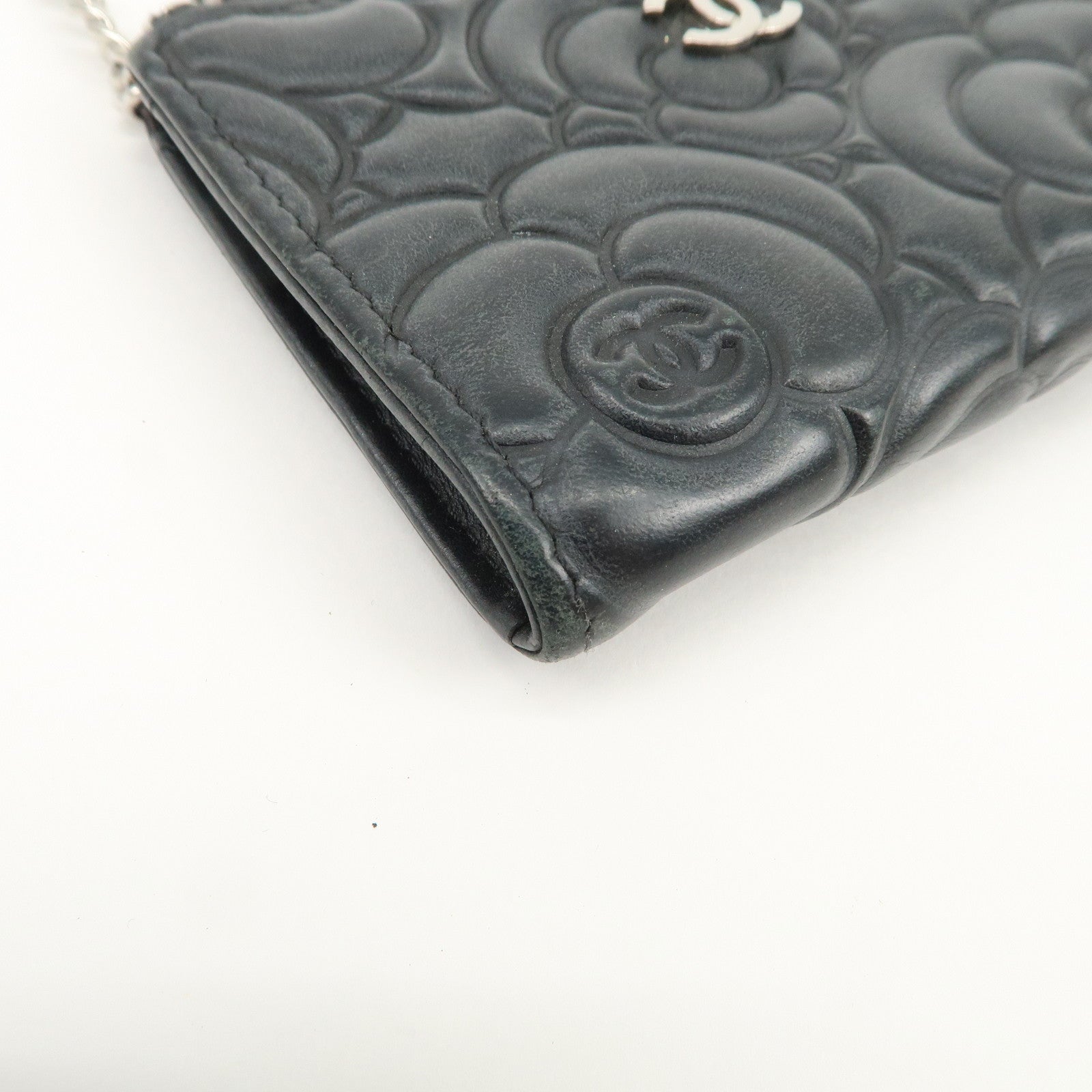 CHANEL Camellia Lamb Skin Coin Case Coin Purse Black
