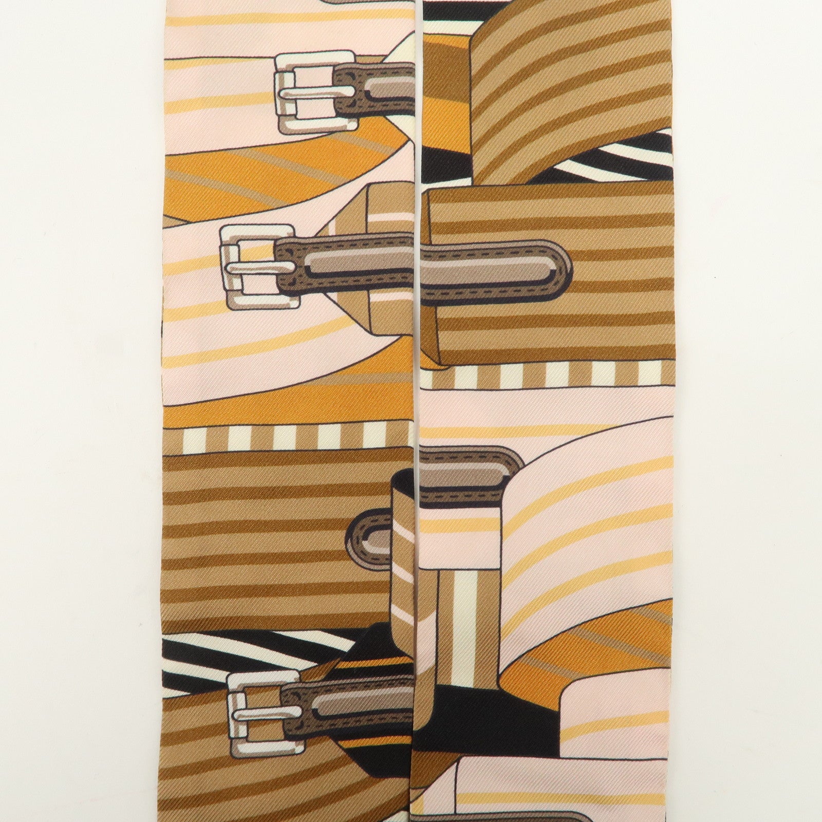 HERMES Twilly Silk 100% Scarf LES SANGLES Brown Black Peach