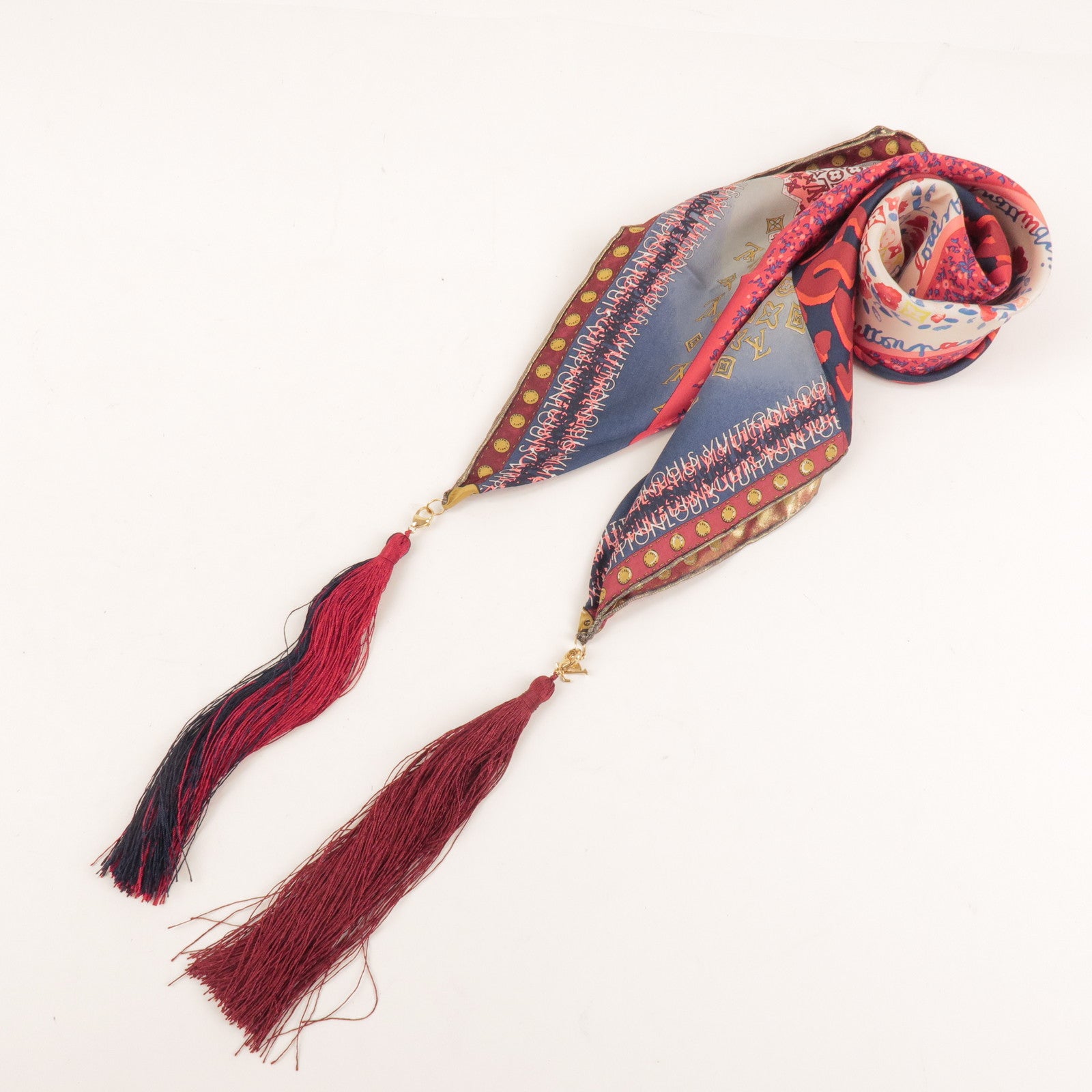 Louis Vuitton 100% Silk Scarf 65x65 Tassel Red Gold