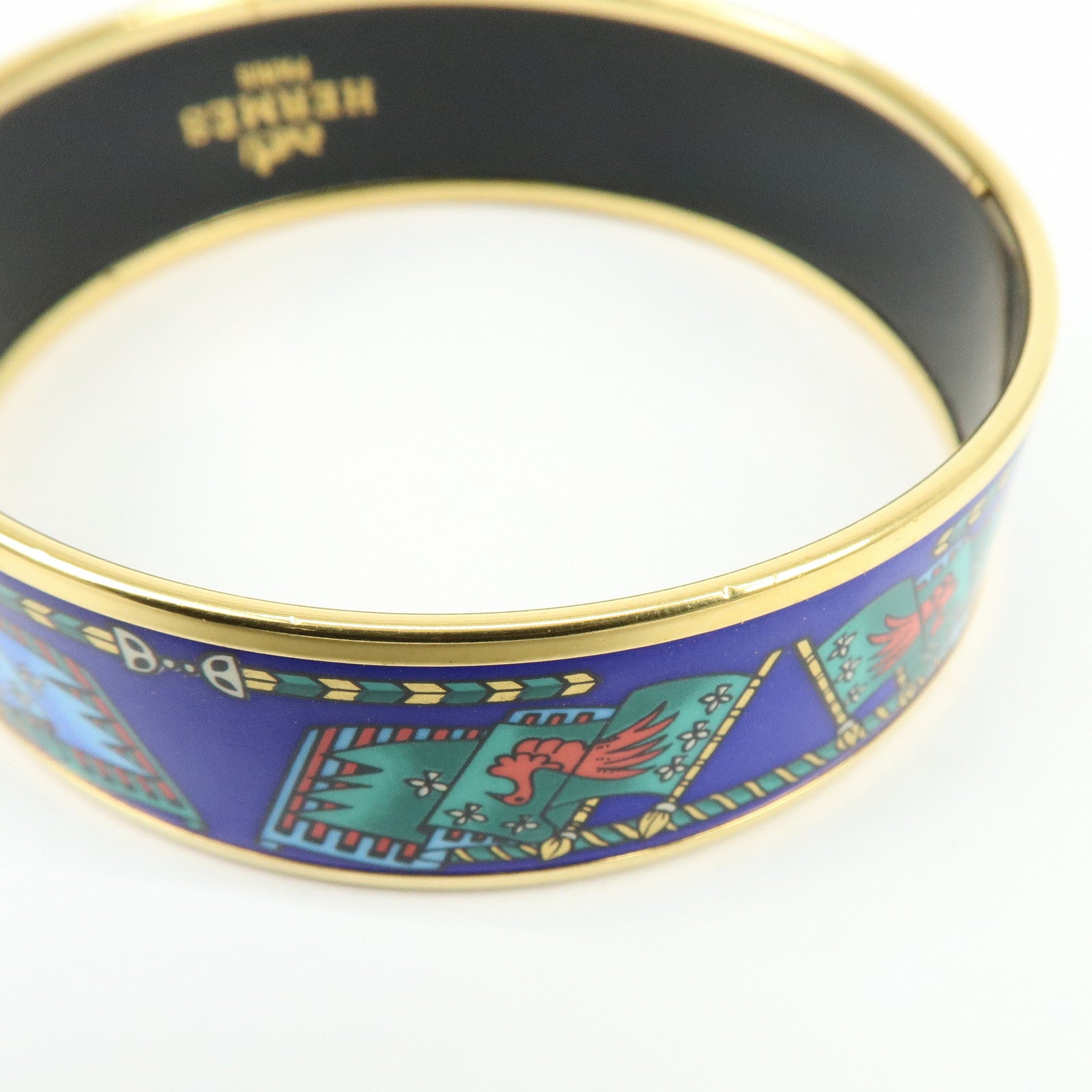 HERMES Email GM Gold Plated Bangle Bracelet Blue Multicolor