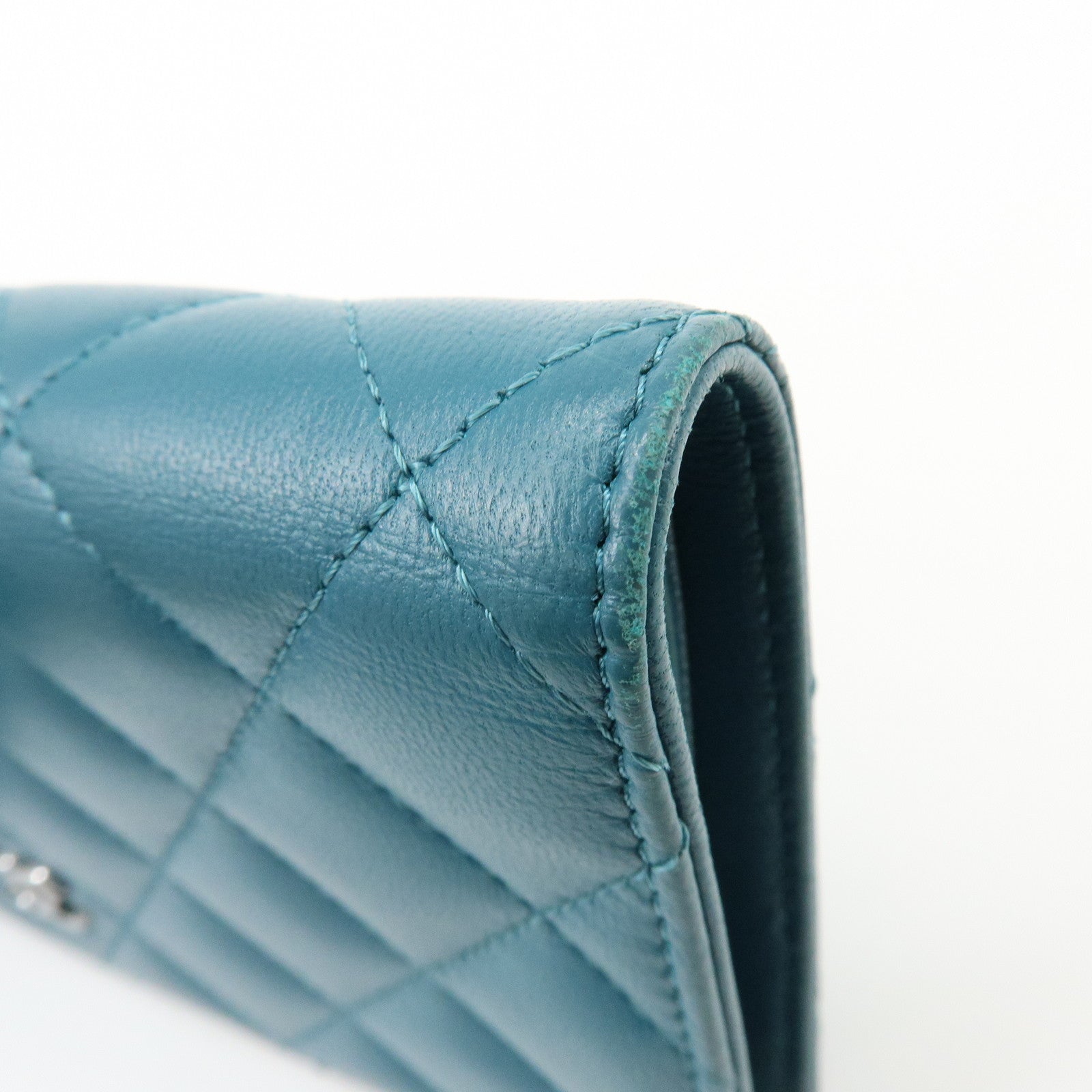 CHANEL COCO Mark Matelasse Lamb Skin Bi-fold Flap Long Wallet Blue