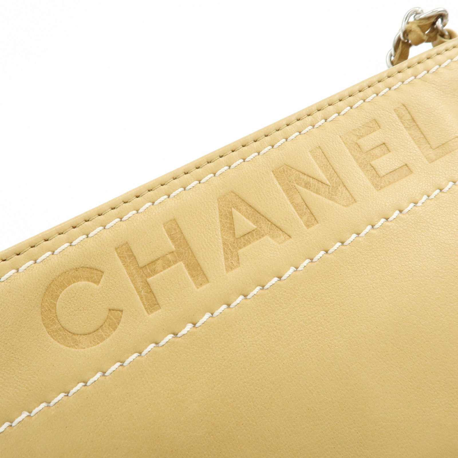 CHANEL Logo Lamb Skin Hand Bag Beige