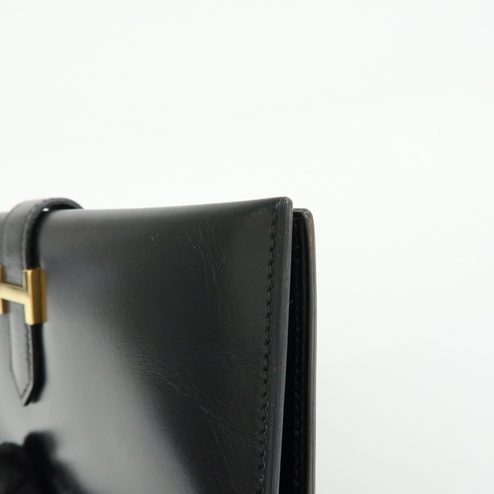 HERMES Bearn Box Calf Bi-fold Long Wallet 〇QStamped Black Gold