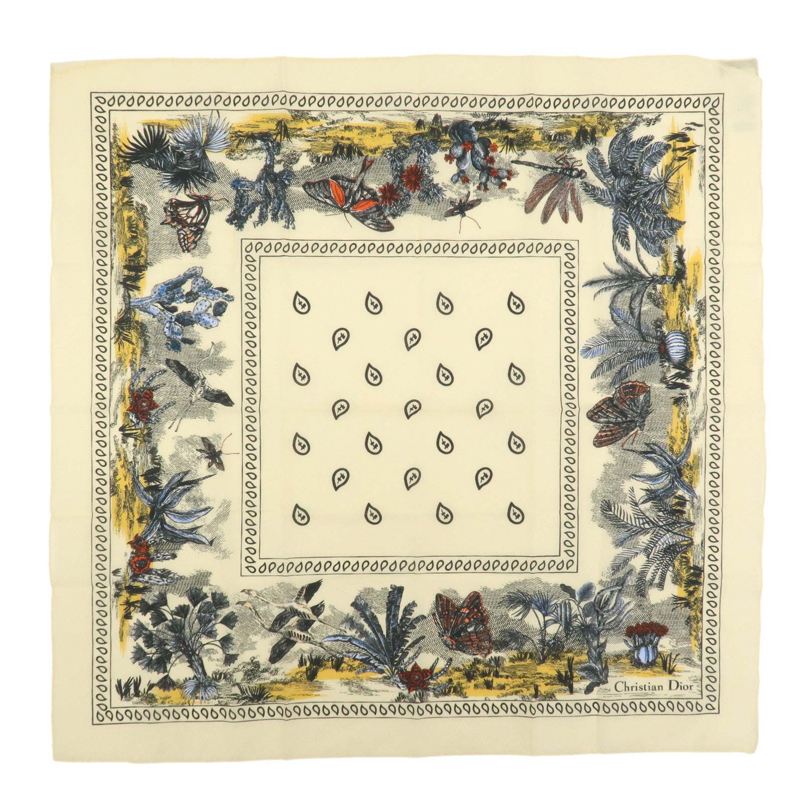 Christian Dior Cotton100％ Scarf Cactus Butterfly 55×55 Yellow Beige