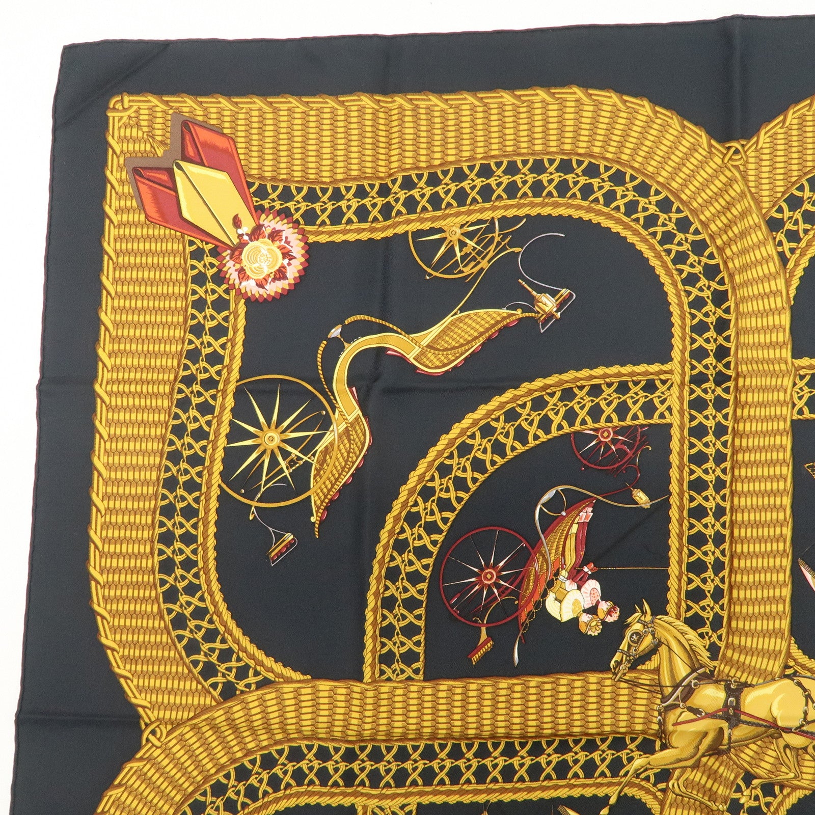 HERMES Carre 90 Silk 100% Scarf GRAND APPARAT Black Gold Used