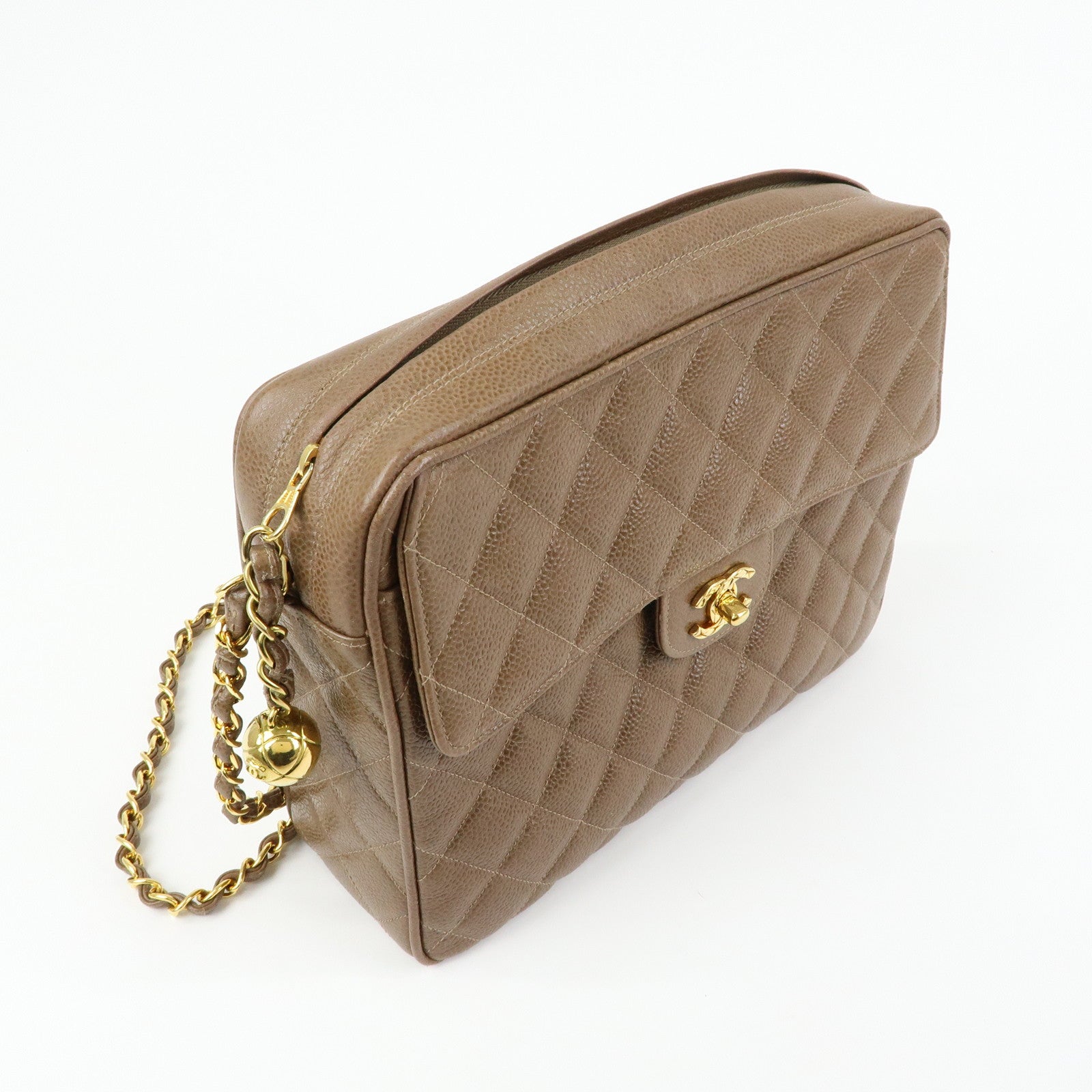 CHANEL Matelasse Cavairskin Chain Shoulder Bag Light Brown Marron