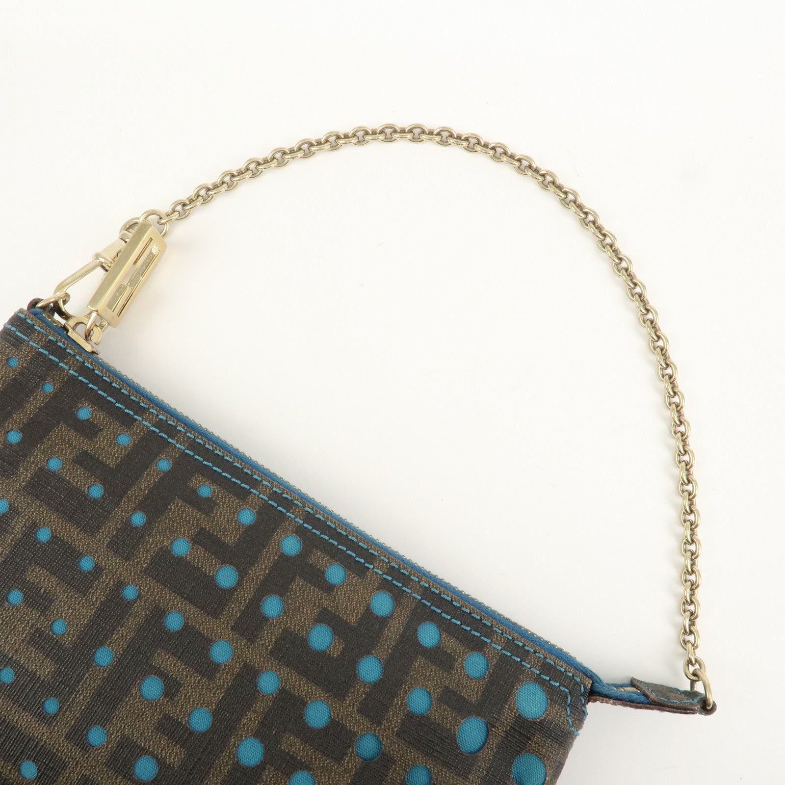 FENDI Zucca PVC Canvas Chain Accessory Pouch Brown Blue 8BR592