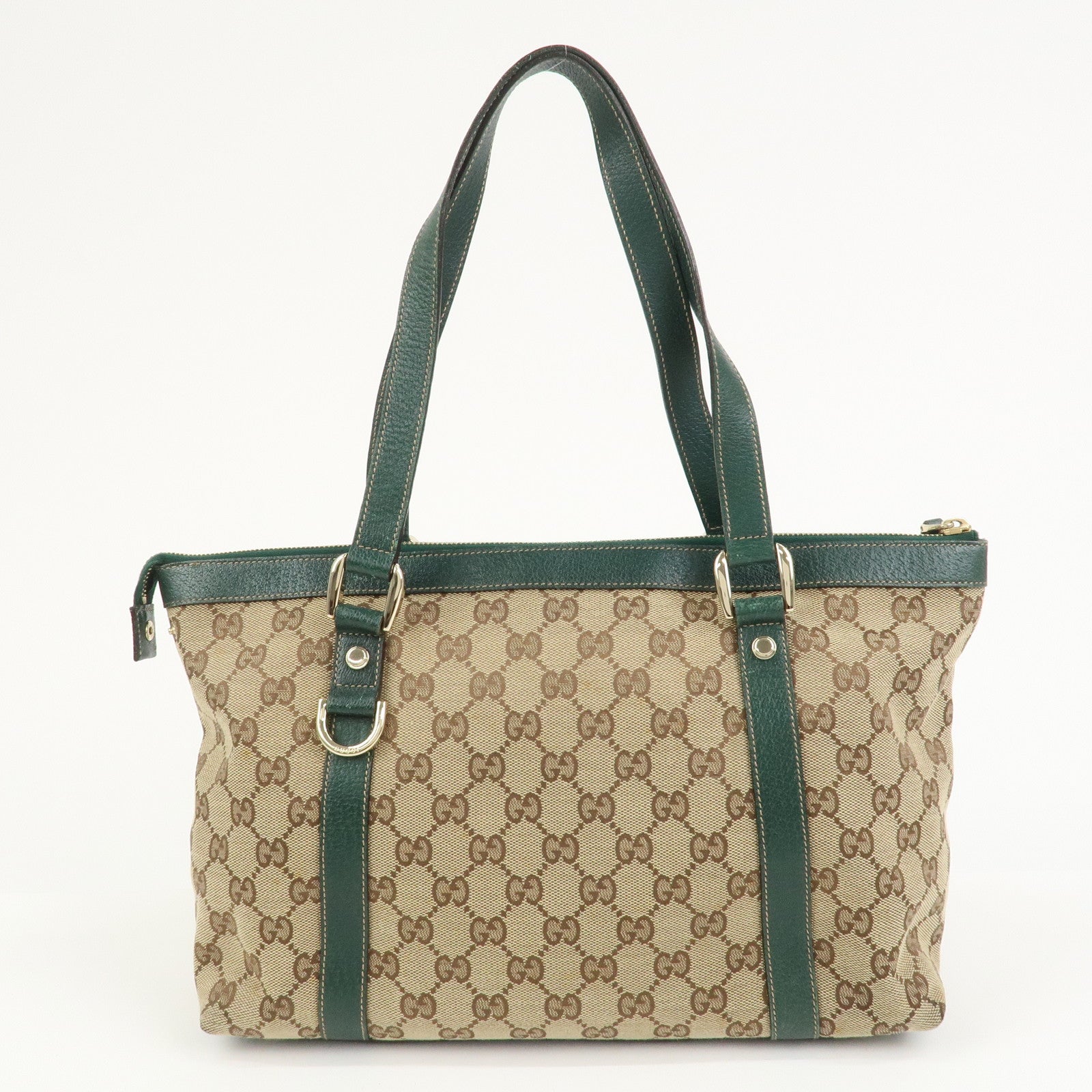 GUCCI Abbey GG Canvas Leather Tote Bag Beige Dark Green 141470