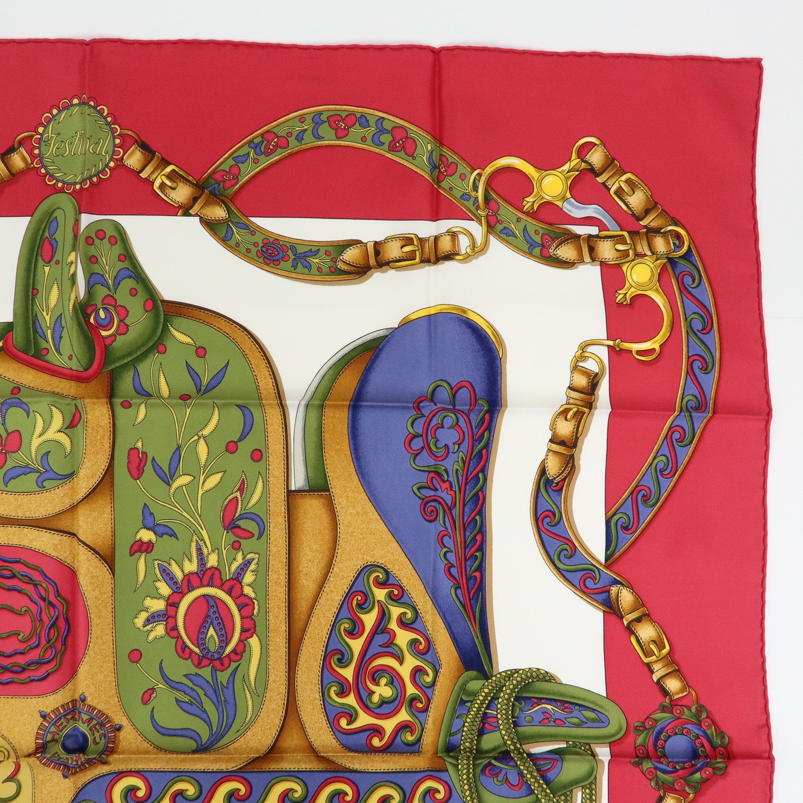 HERMES Carre 90 Silk 100% Scarf Festival Red White