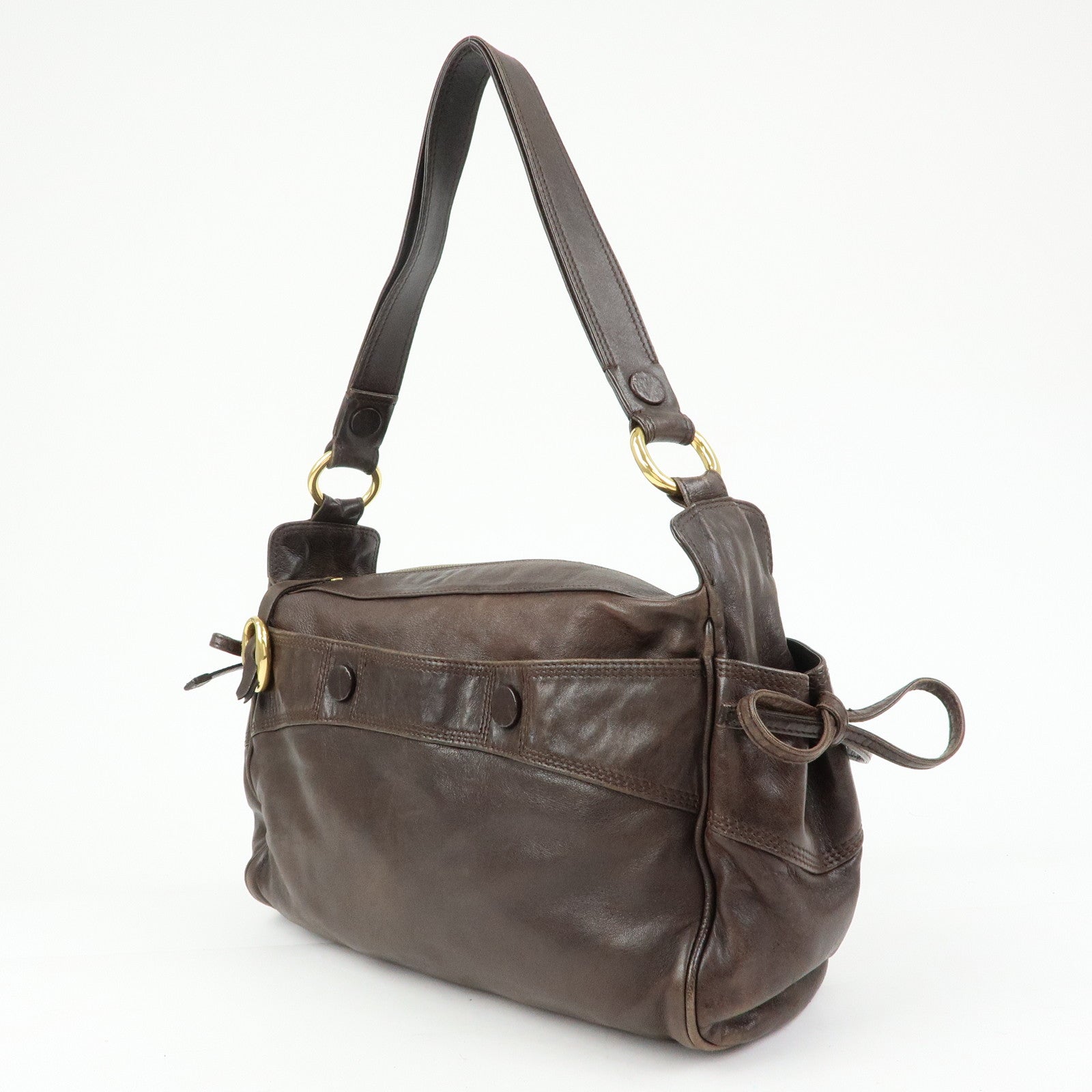 CELINE Side Ribbon Leather Shoulder Bag Hand Bag Brown