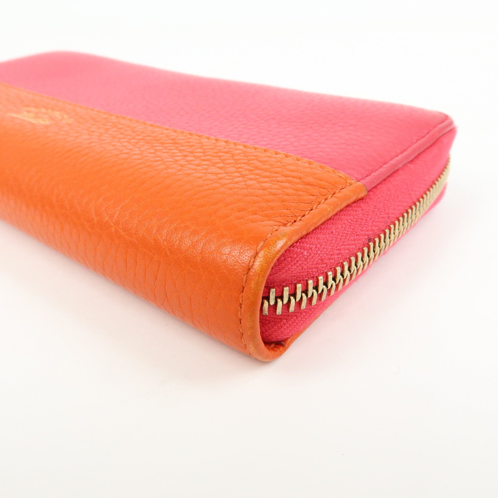 GUCCI Bamboo Leather Round Zippy Long Wallet Pink Orange 307984