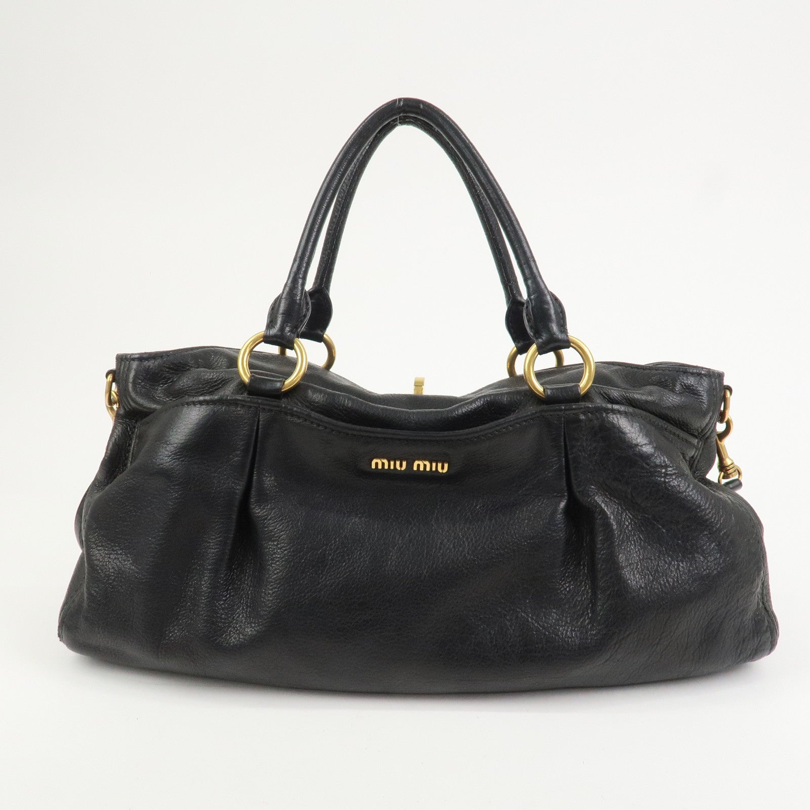 MIU MIU Leather 2 Way Bag Tote Shoulder Crossbody Bag Black Gold