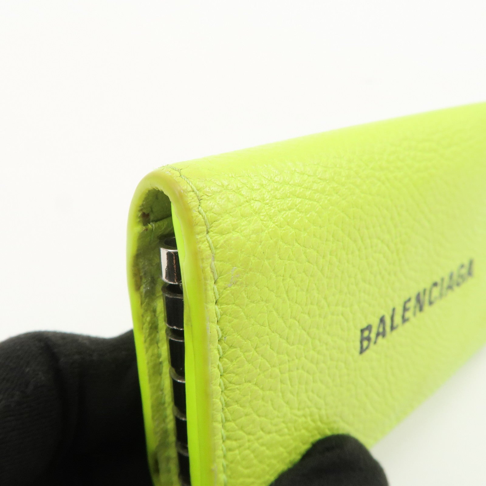 BALENCIAGA Logo Leather Key Case Key Holder Neon Yellow
