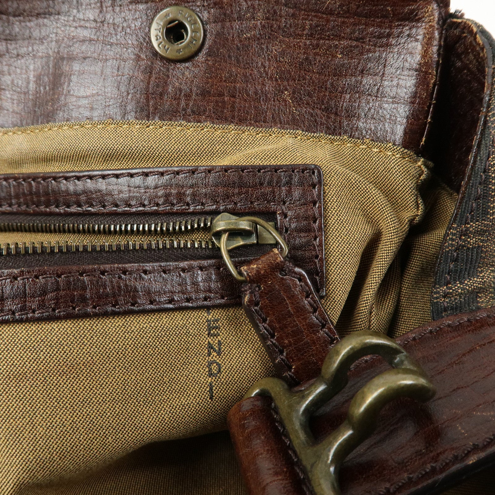 FENDI Ethnico Zucca Canvas Leather Tote Shoulder Bag Brown 8BN162