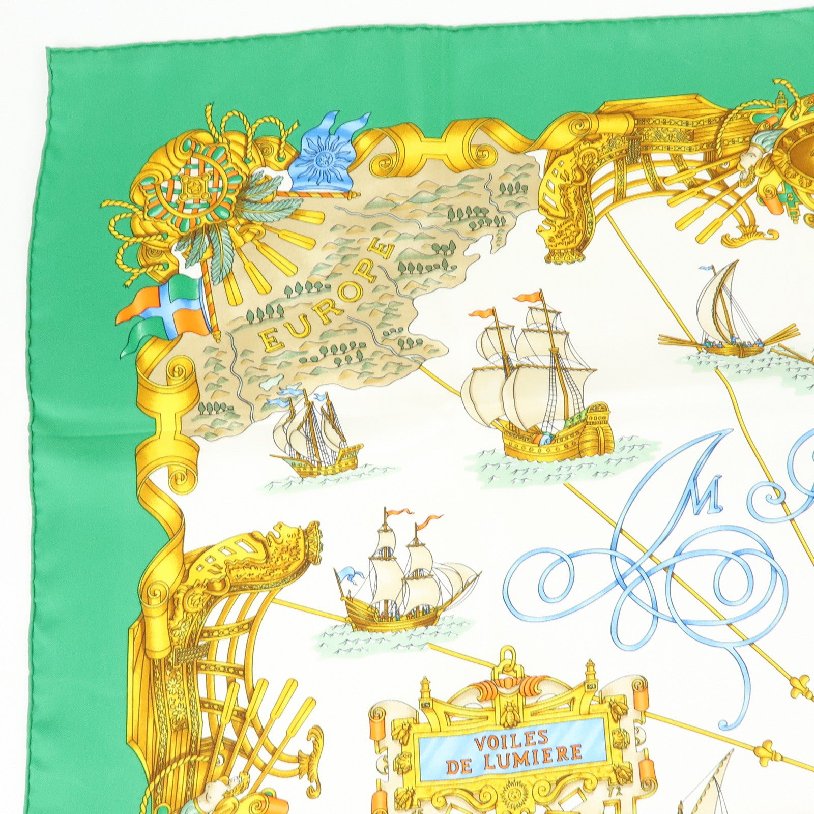 HERMES Carre 90 Silk 100% Scarf VOILES DE LUMIERE Gold Green