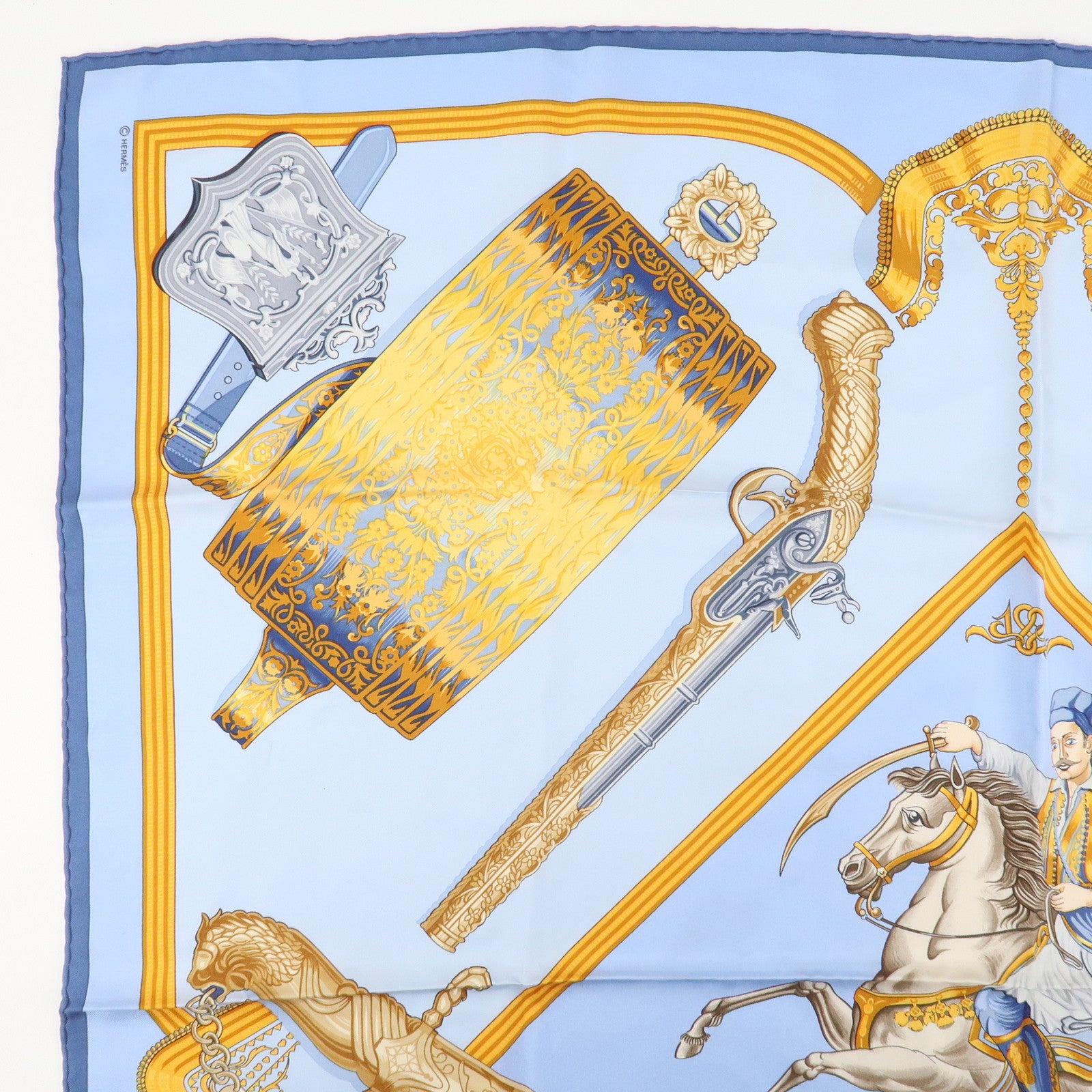 HERMES Carre 90 Silk 100% Scarf Cavaliers ottomans Light Blue Used