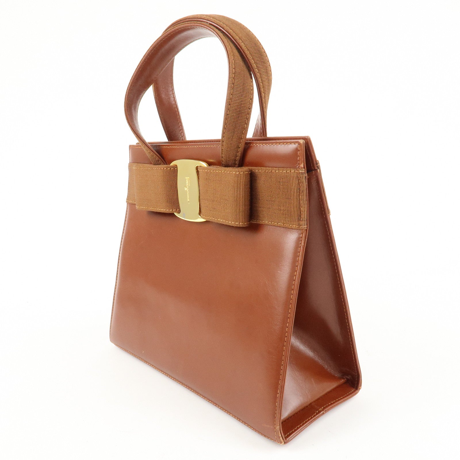 Ferragamo Vara Leather Hand Bag Shoulder Bag Brown Used